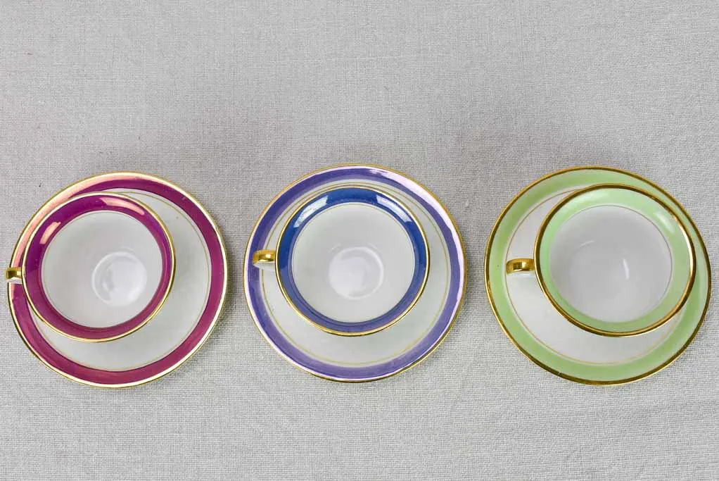 Six multi-color coffee cups and saucers Limoges 1950's