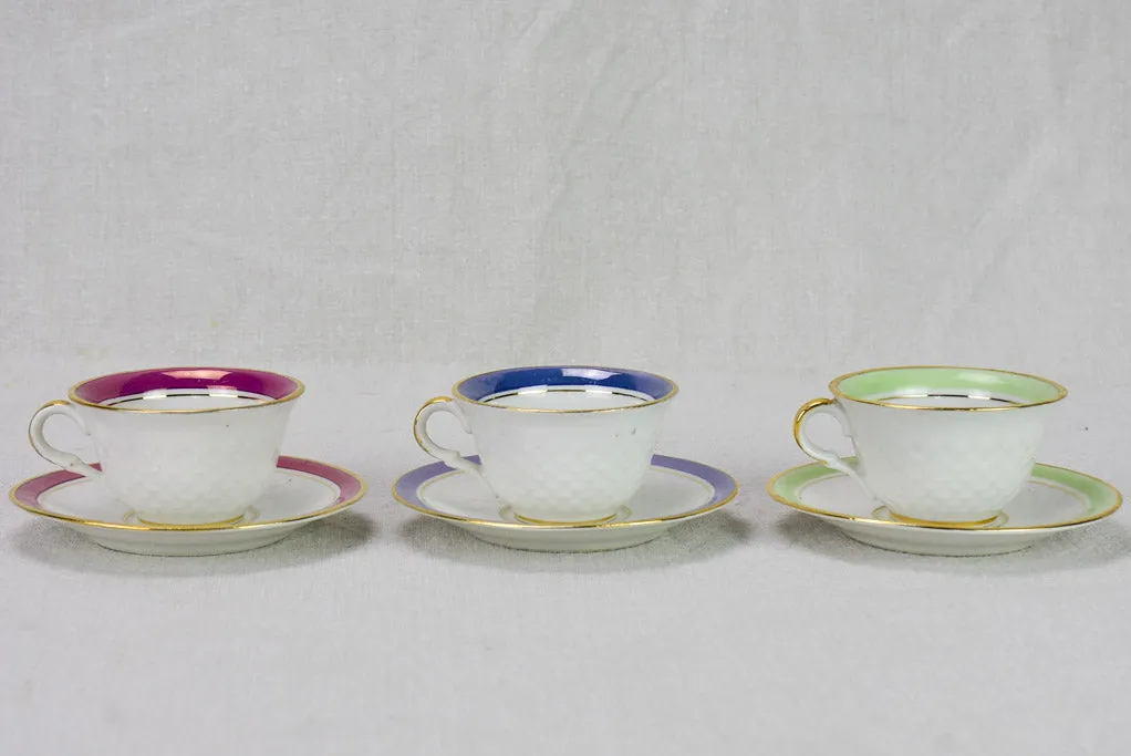 Six multi-color coffee cups and saucers Limoges 1950's