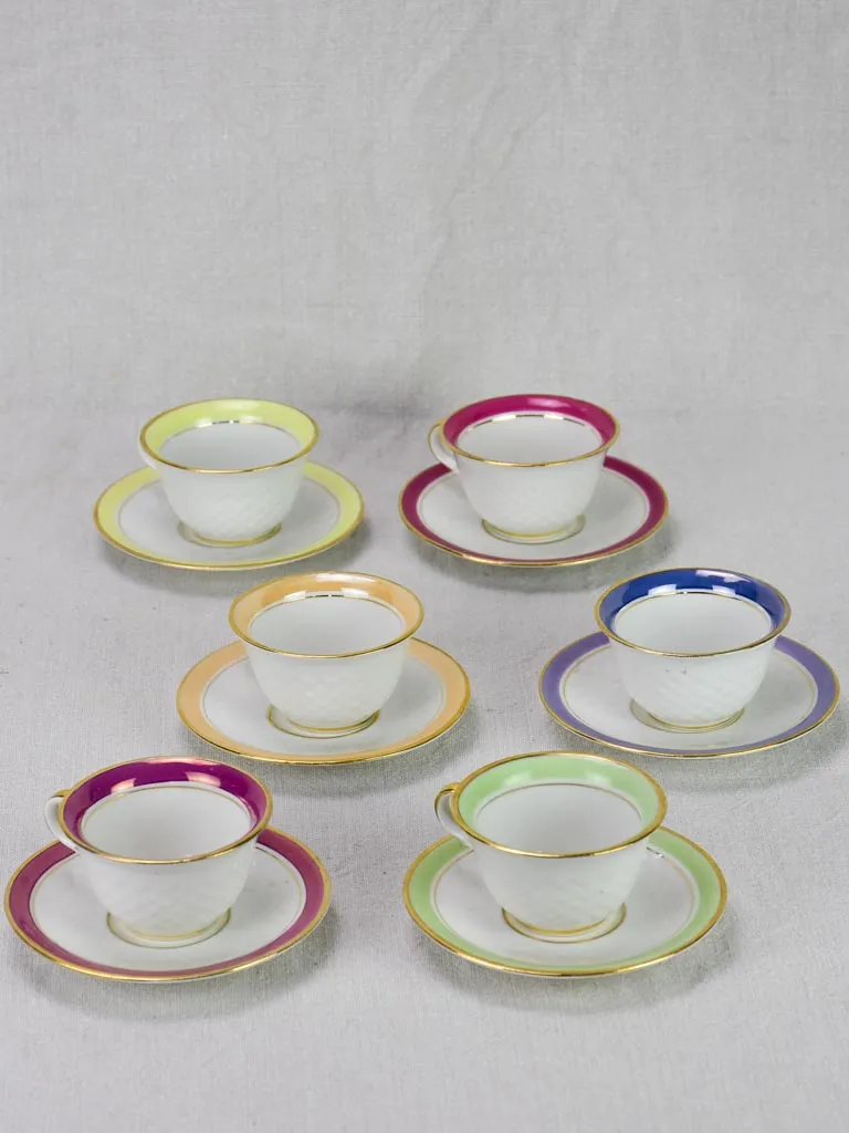 Six multi-color coffee cups and saucers Limoges 1950's