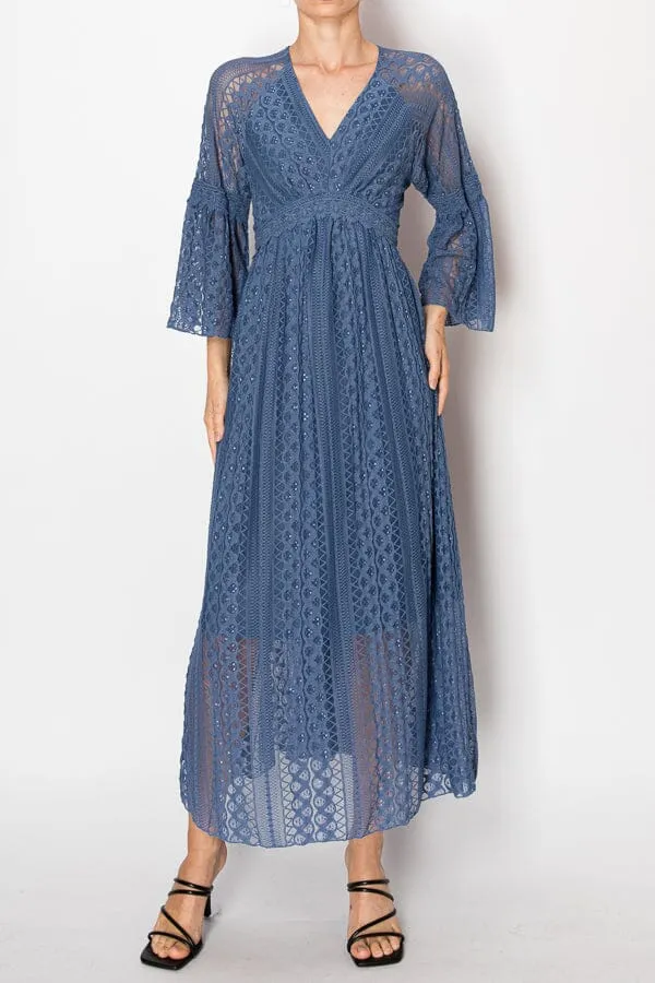 SLATE BLUE  LACE LINED LONG DRESS