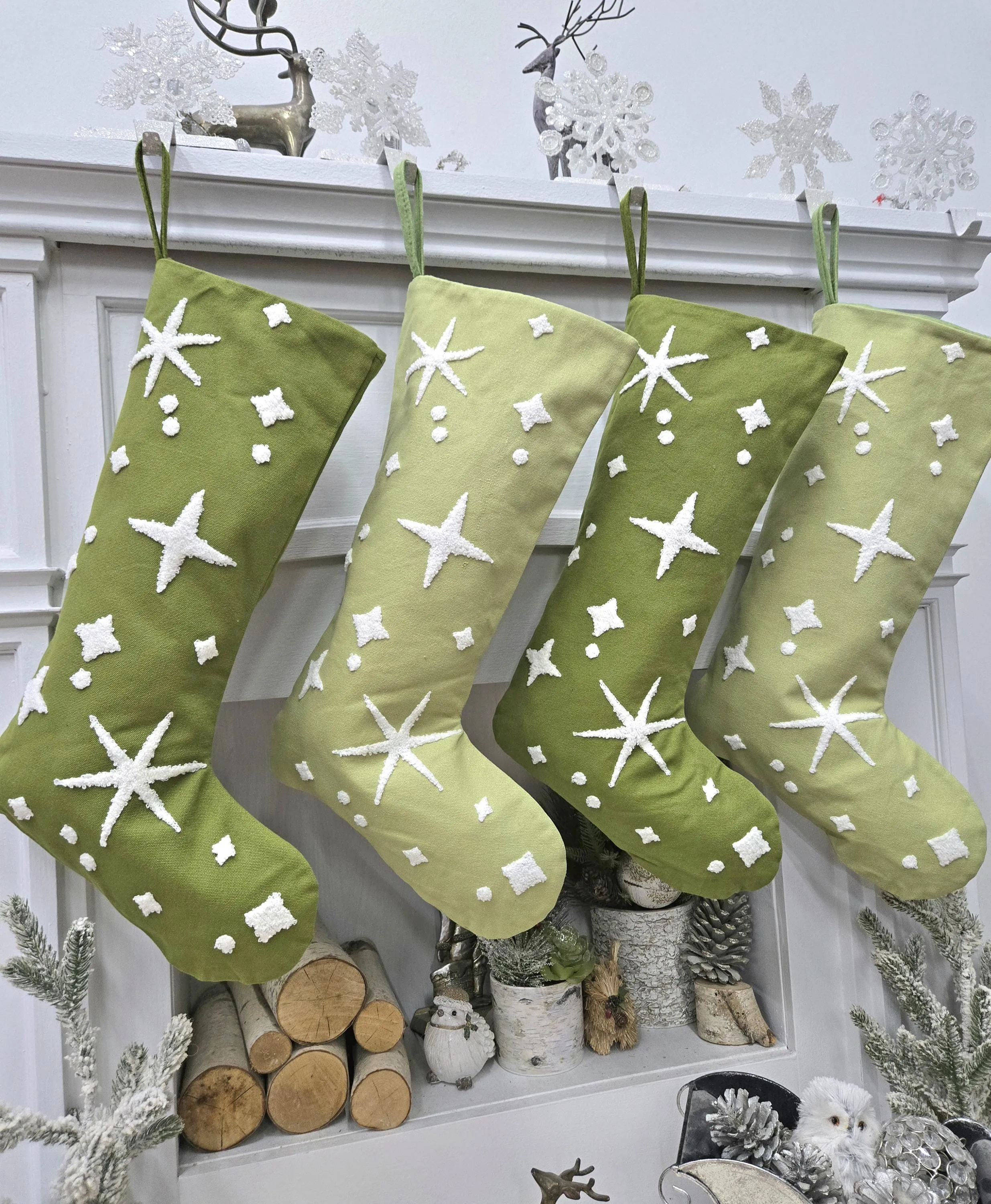 Starry Sage Christmas Stockings | Dark Light Green White Bethlehem Star Modern Traditional Noel Yuletide Yule Personalized Embroidered Name