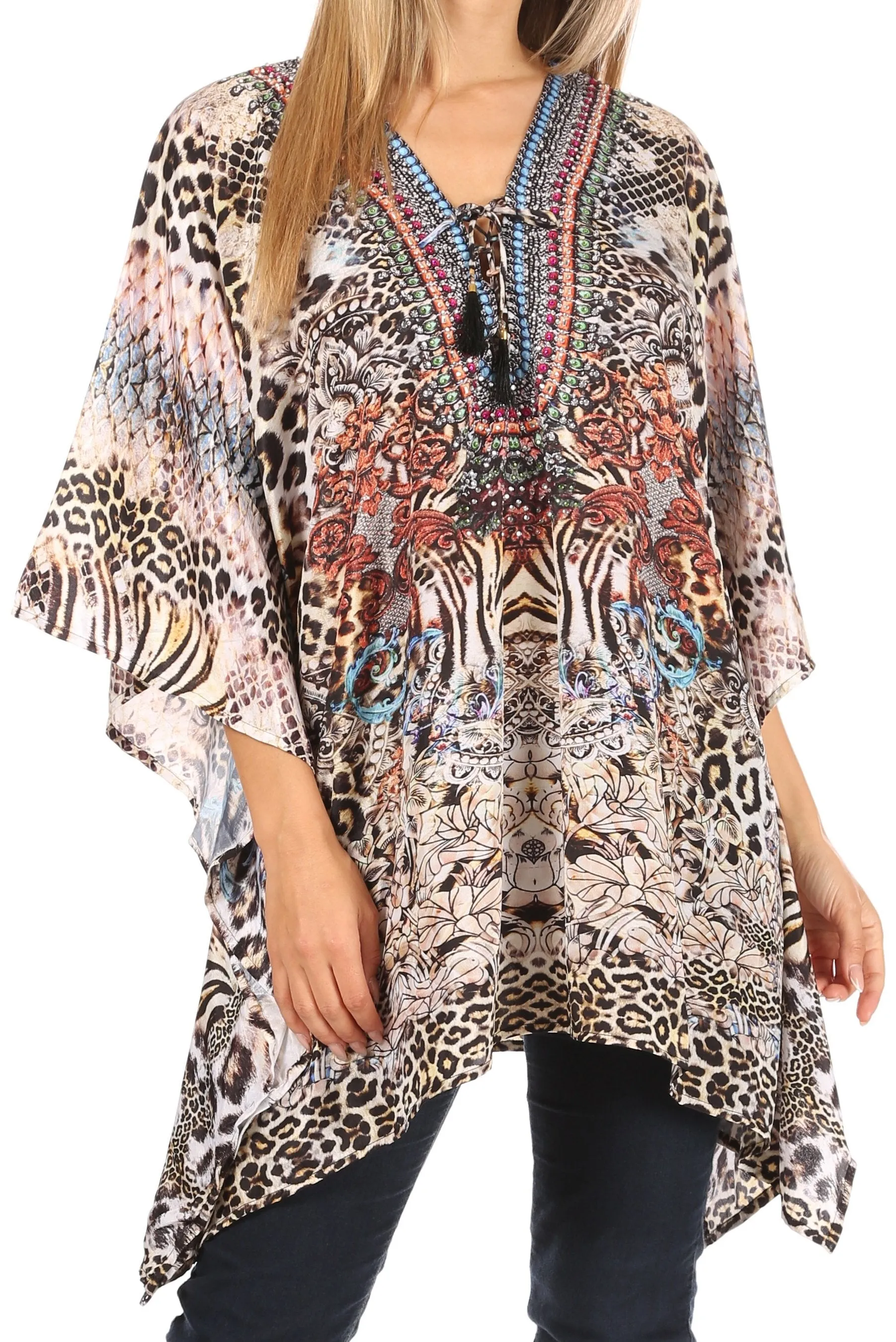 Stylish Rhinestone Lace-Up V-Neck Women's Caftan Poncho Cover-Up by Sakkas Aymee