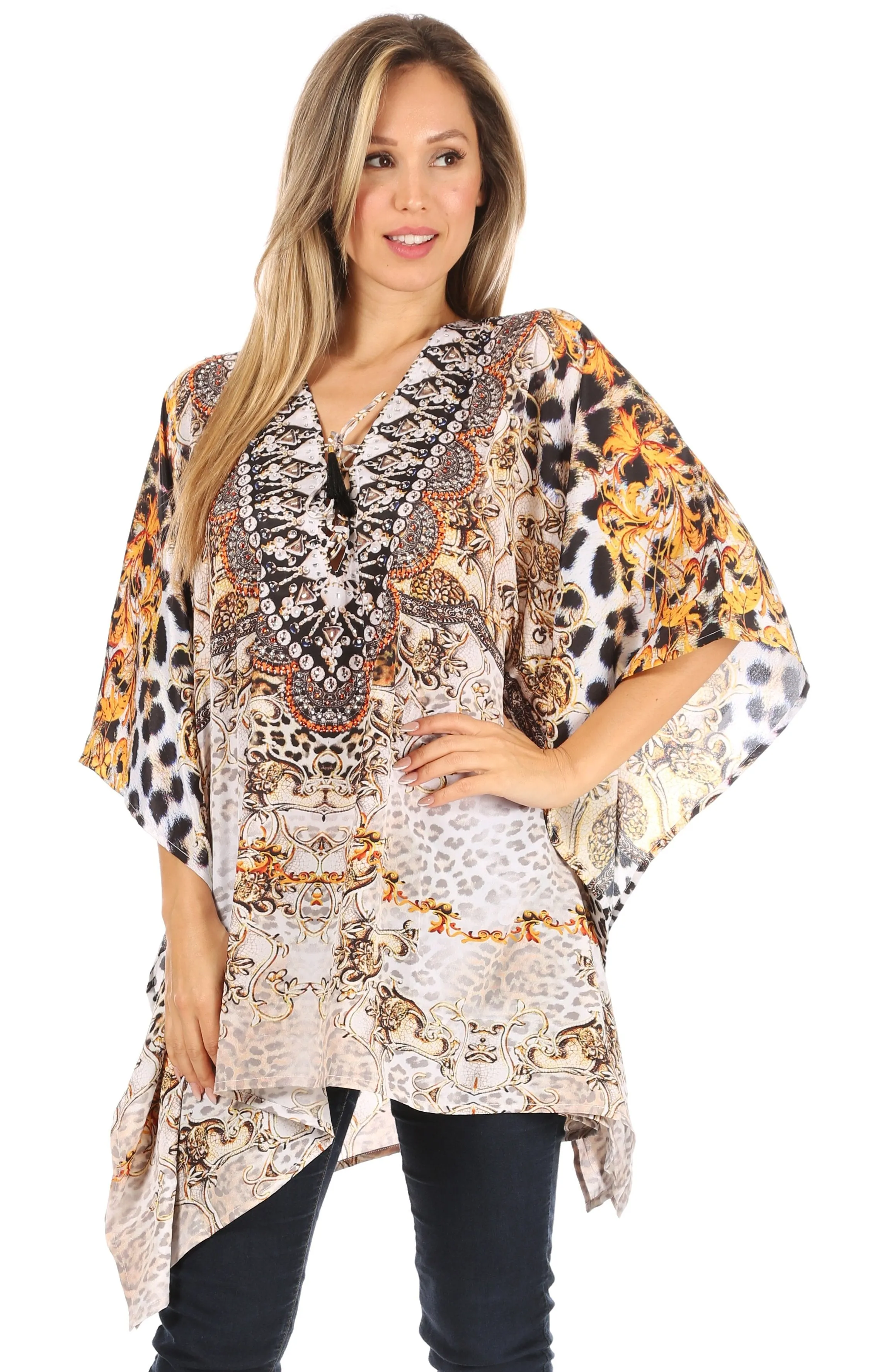 Stylish Rhinestone Lace-Up V-Neck Women's Caftan Poncho Cover-Up by Sakkas Aymee