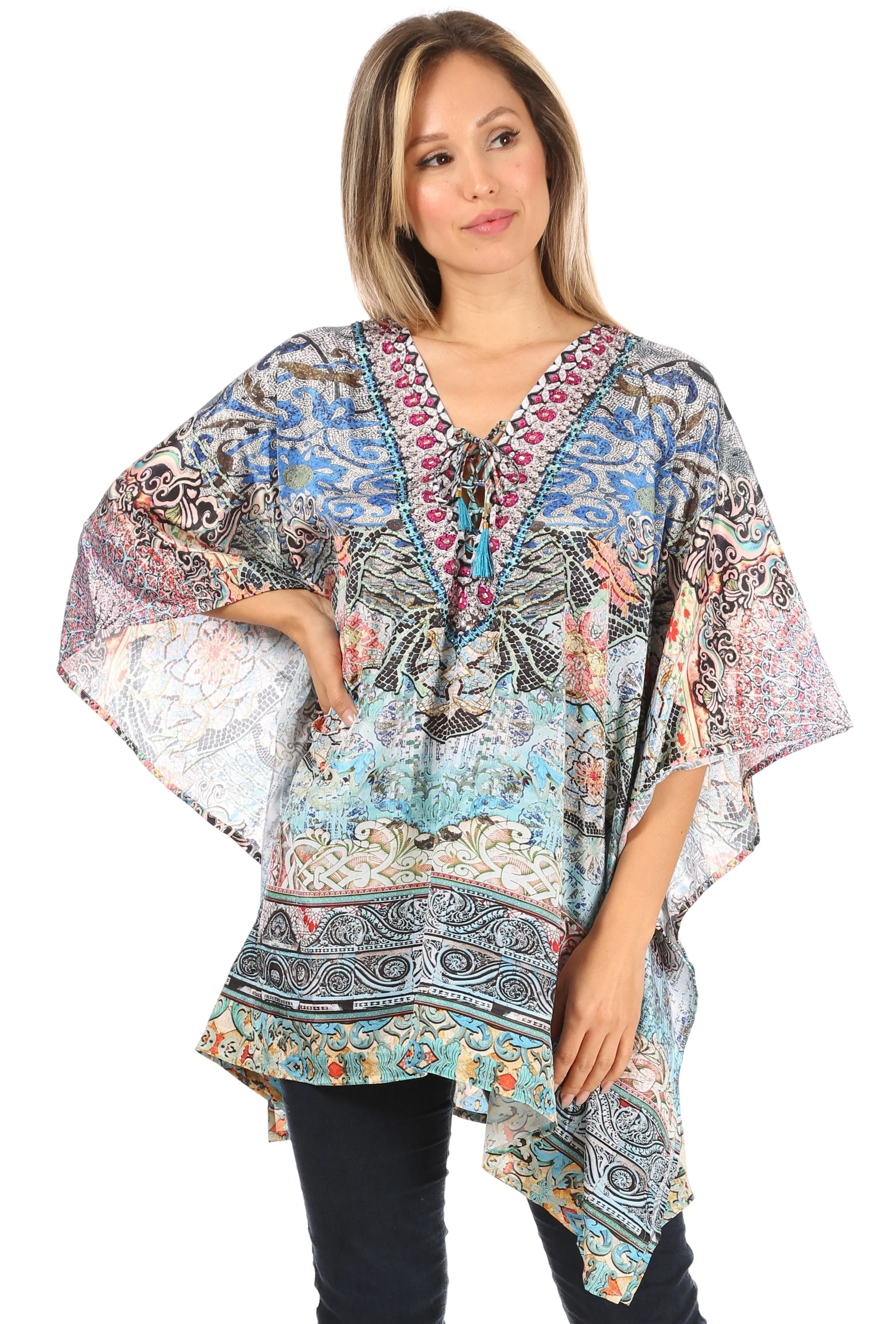 Stylish Rhinestone Lace-Up V-Neck Women's Caftan Poncho Cover-Up by Sakkas Aymee