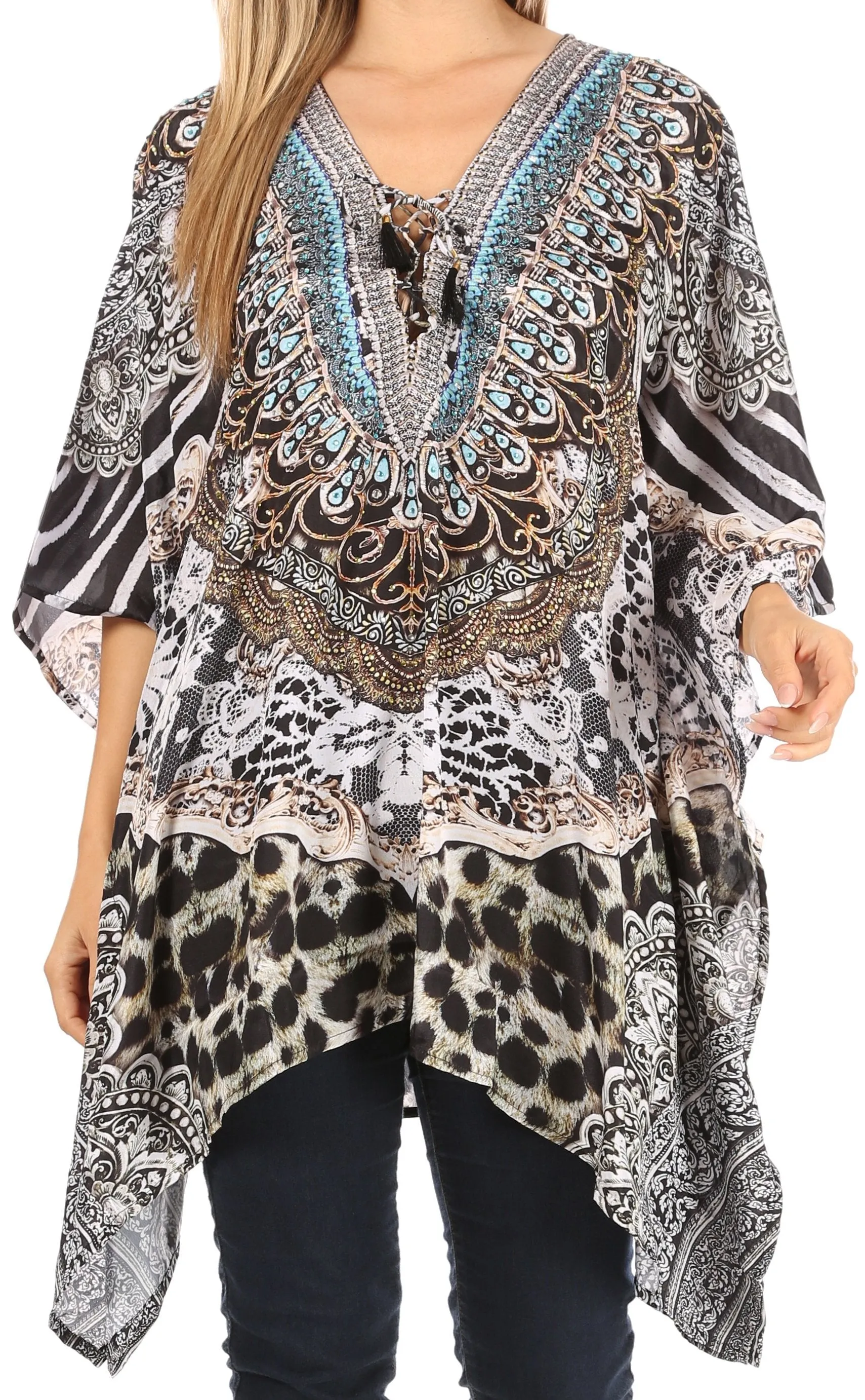 Stylish Rhinestone Lace-Up V-Neck Women's Caftan Poncho Cover-Up by Sakkas Aymee