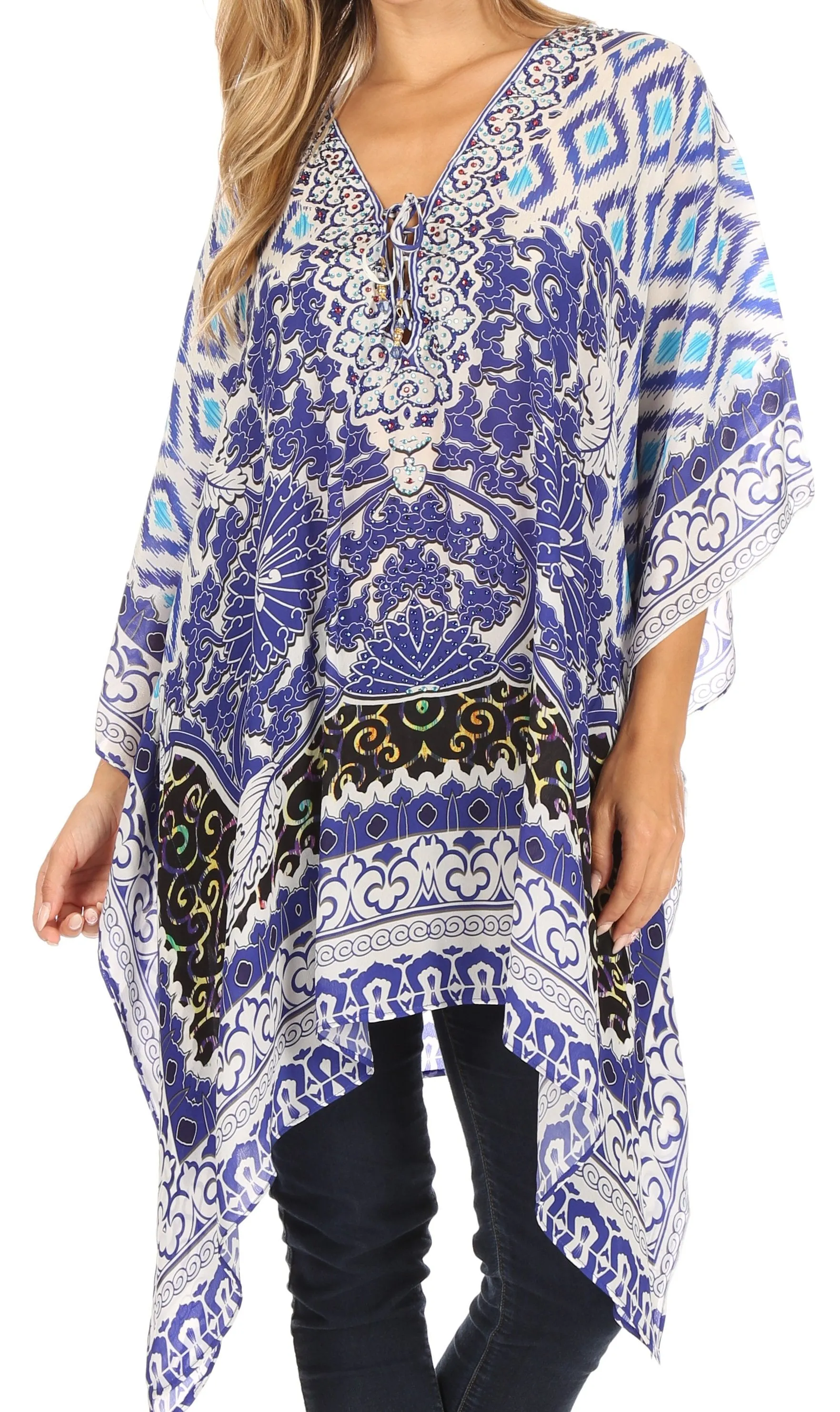 Stylish Rhinestone Lace-Up V-Neck Women's Caftan Poncho Cover-Up by Sakkas Aymee