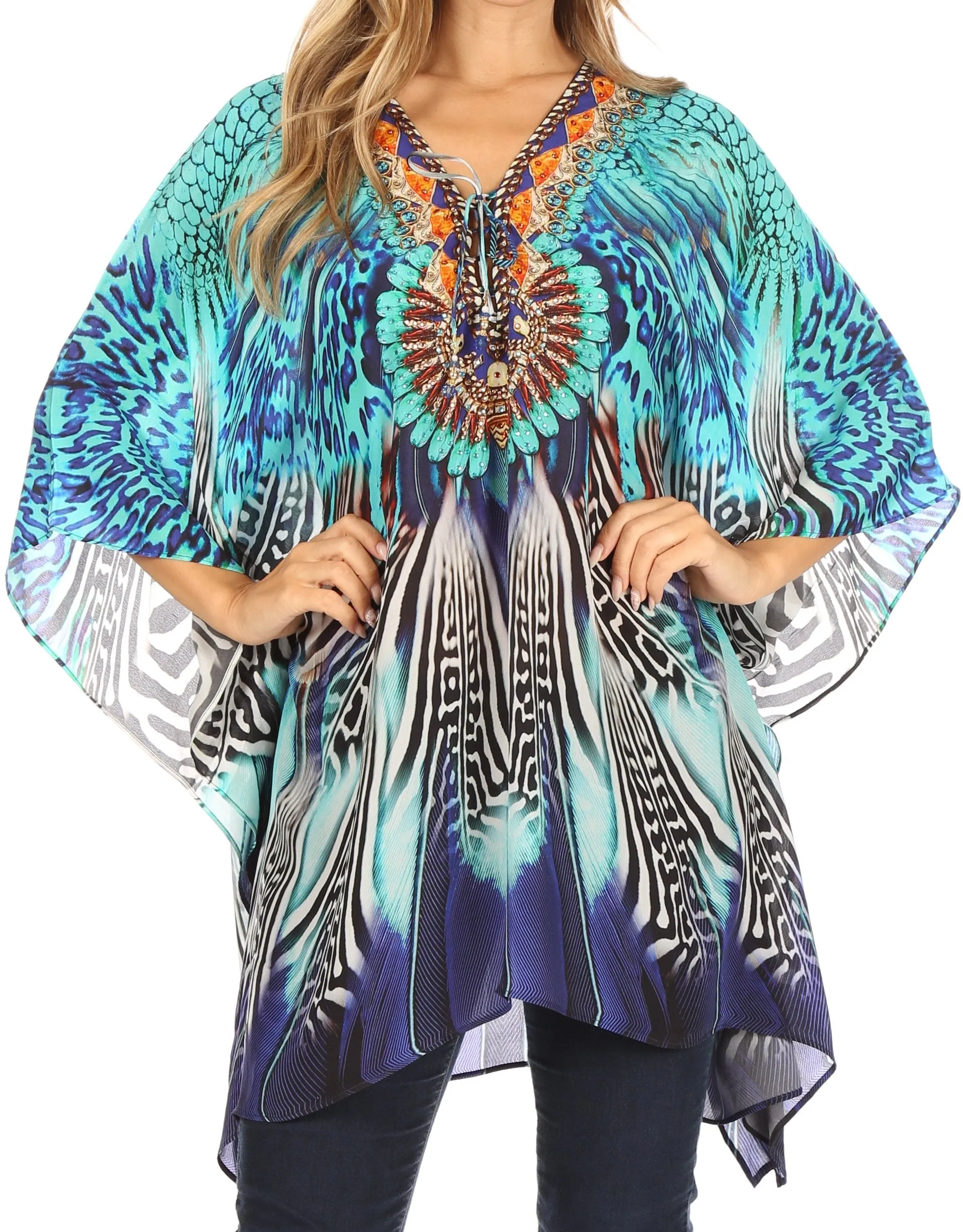 Stylish Rhinestone Lace-Up V-Neck Women's Caftan Poncho Cover-Up by Sakkas Aymee