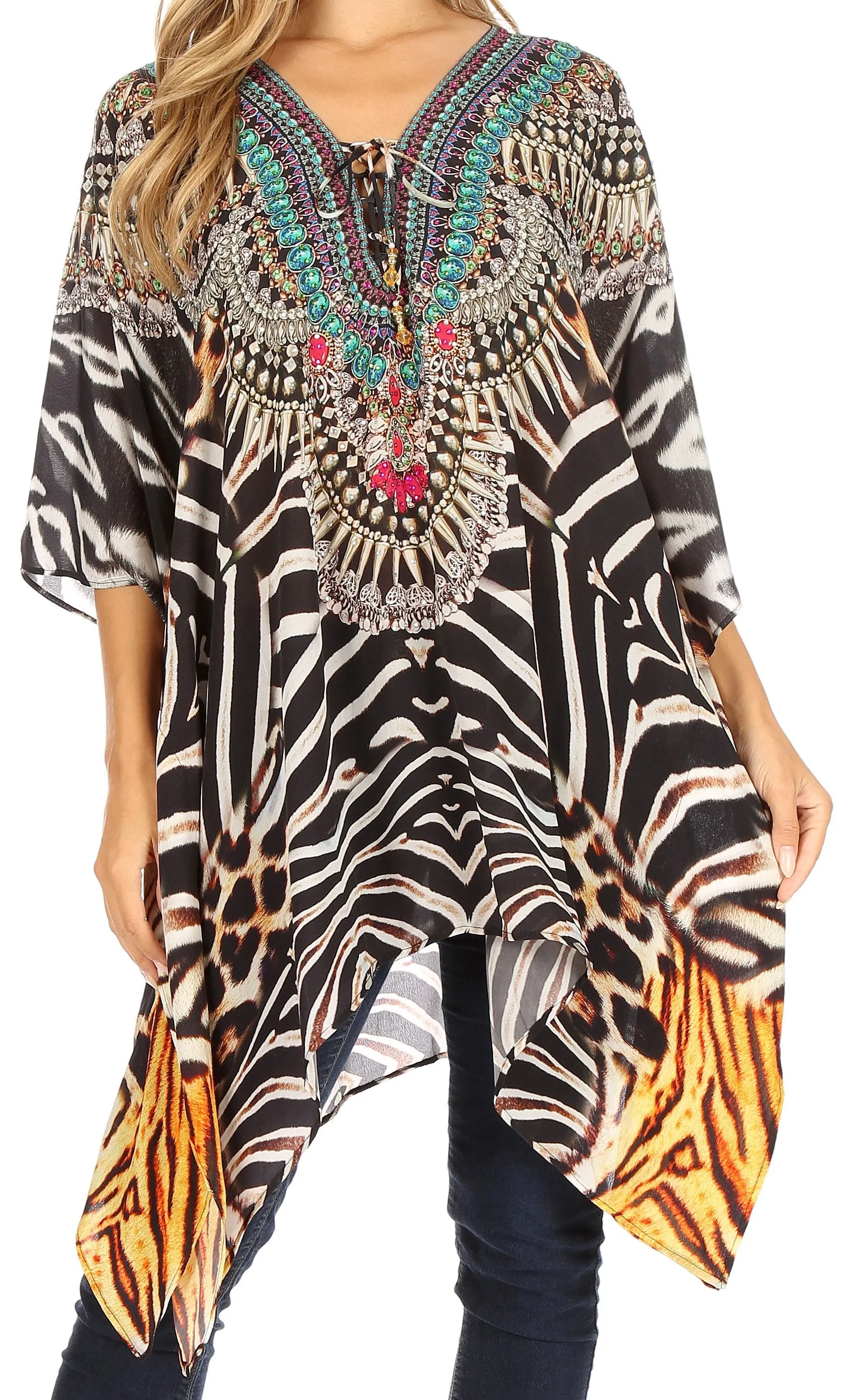 Stylish Rhinestone Lace-Up V-Neck Women's Caftan Poncho Cover-Up by Sakkas Aymee