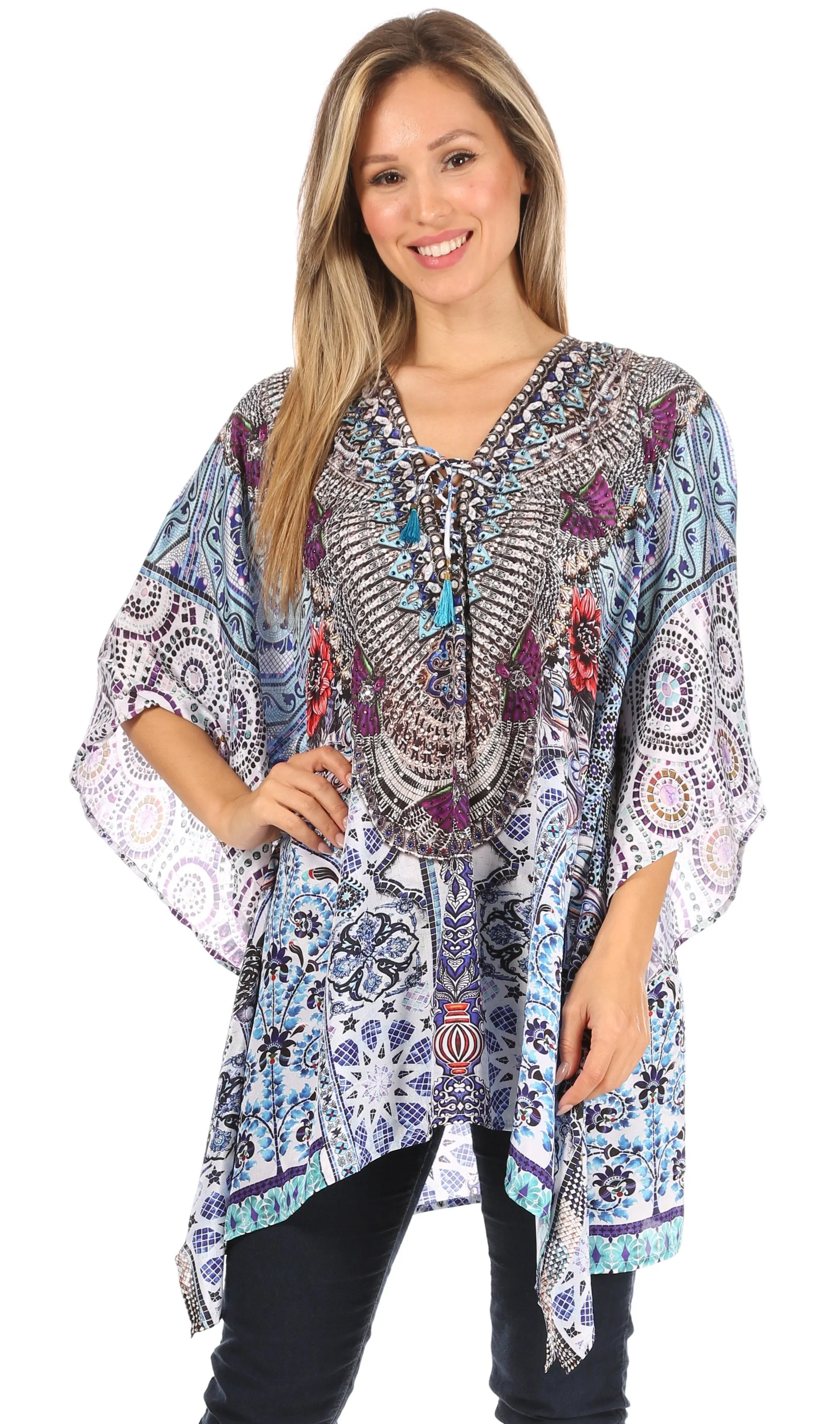 Stylish Rhinestone Lace-Up V-Neck Women's Caftan Poncho Cover-Up by Sakkas Aymee