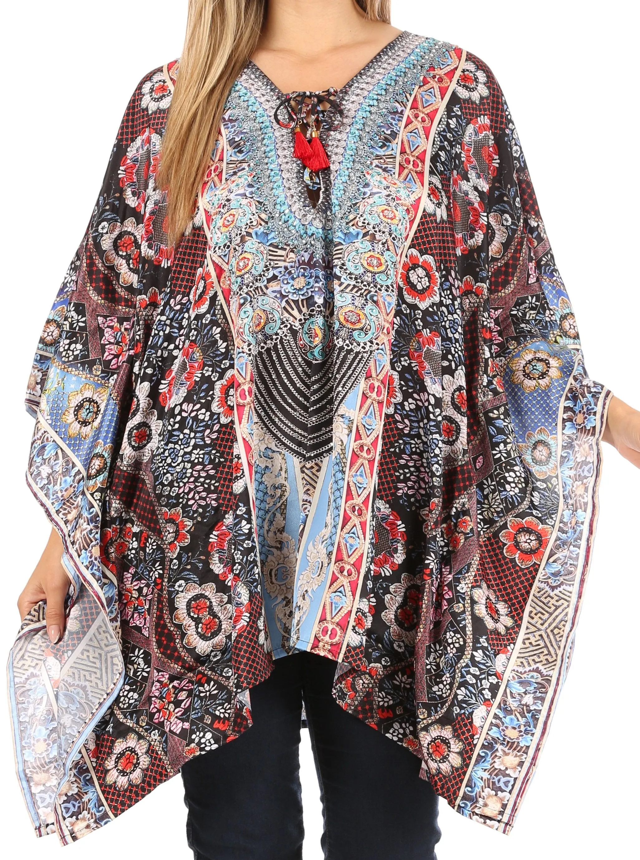 Stylish Rhinestone Lace-Up V-Neck Women's Caftan Poncho Cover-Up by Sakkas Aymee