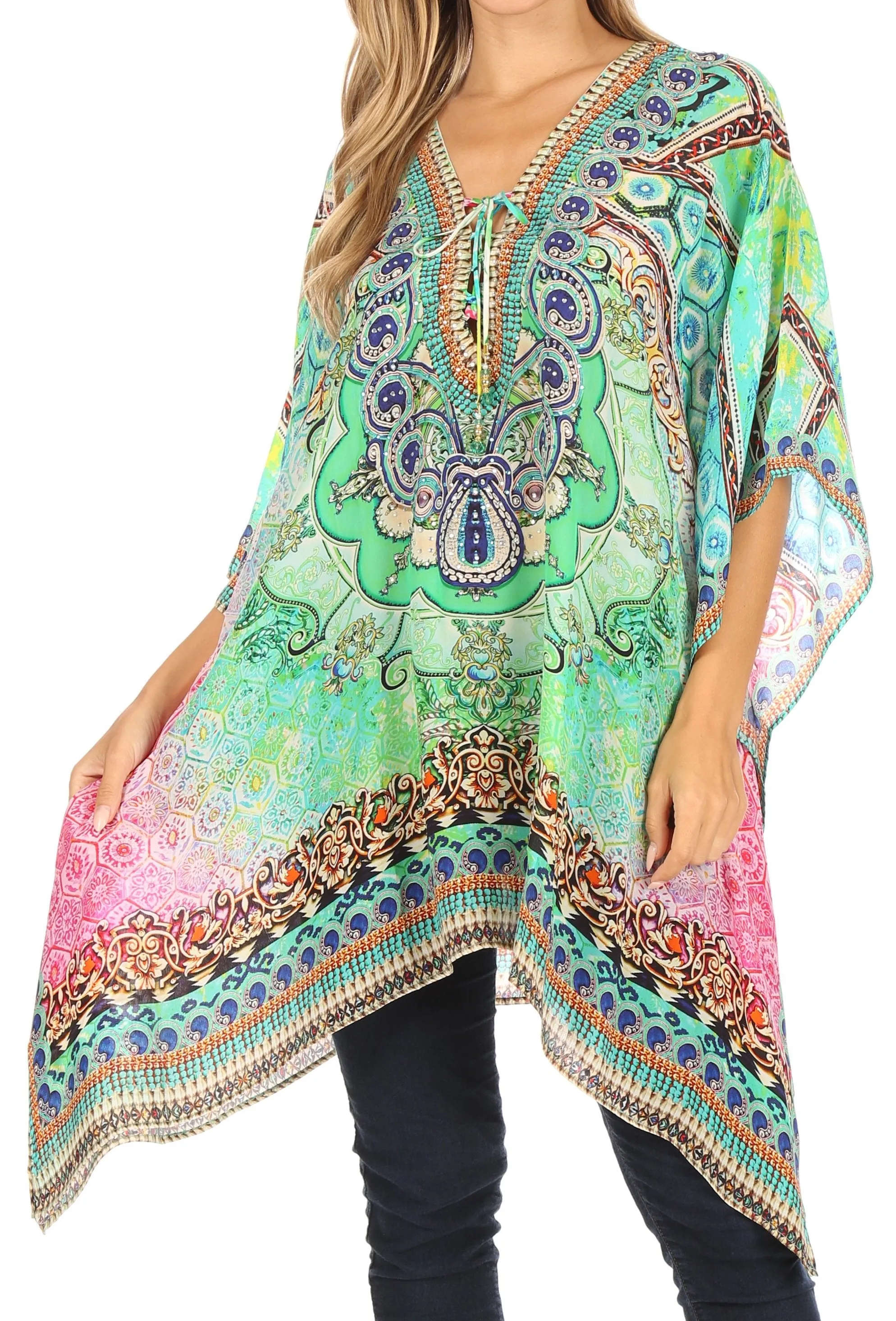 Stylish Rhinestone Lace-Up V-Neck Women's Caftan Poncho Cover-Up by Sakkas Aymee