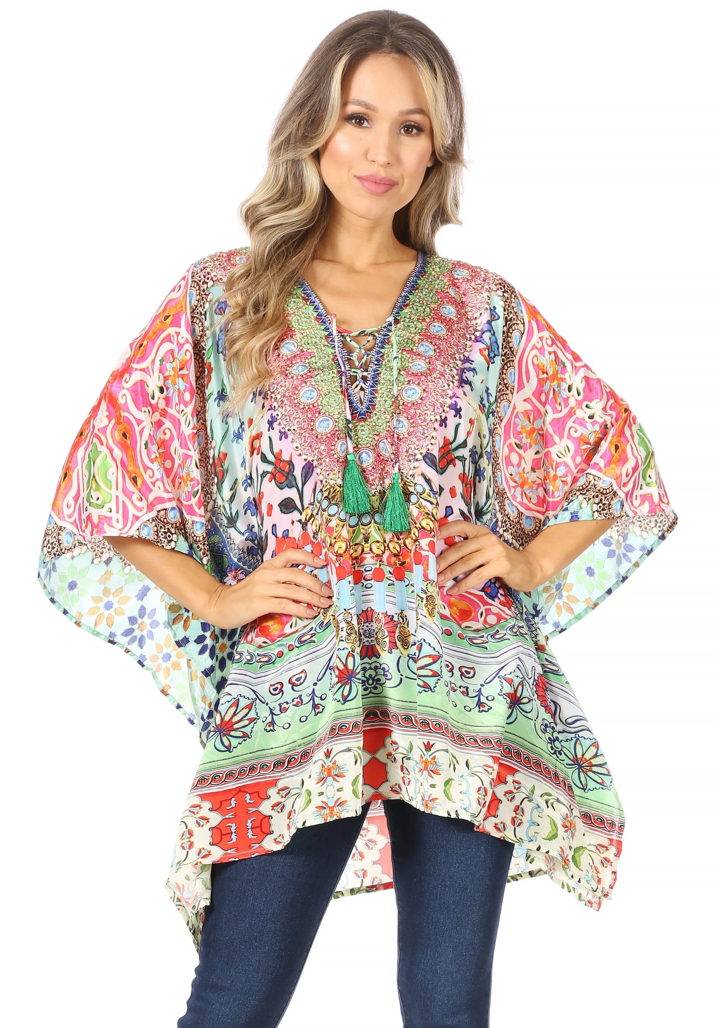 Stylish Rhinestone Lace-Up V-Neck Women's Caftan Poncho Cover-Up by Sakkas Aymee