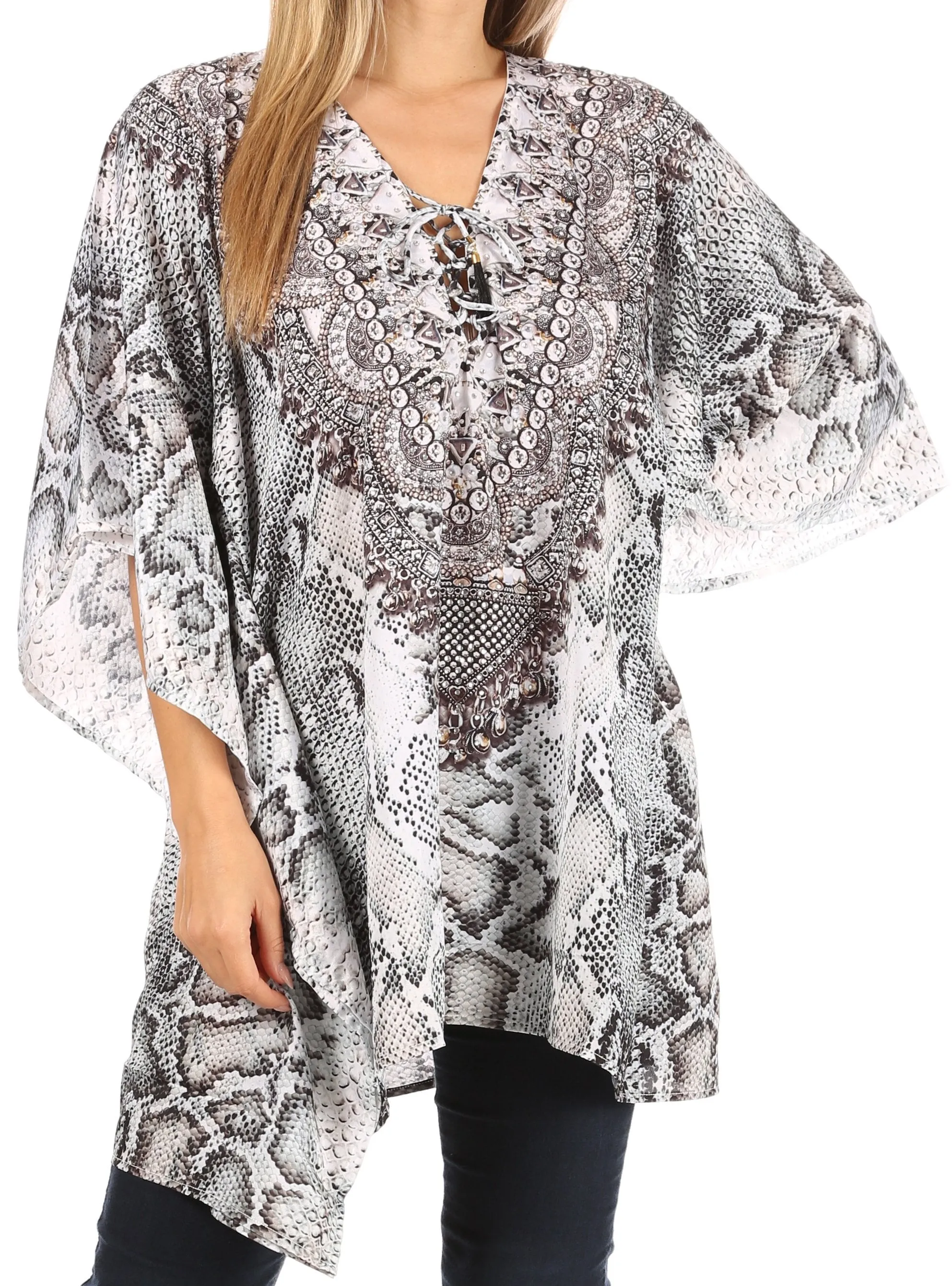 Stylish Rhinestone Lace-Up V-Neck Women's Caftan Poncho Cover-Up by Sakkas Aymee