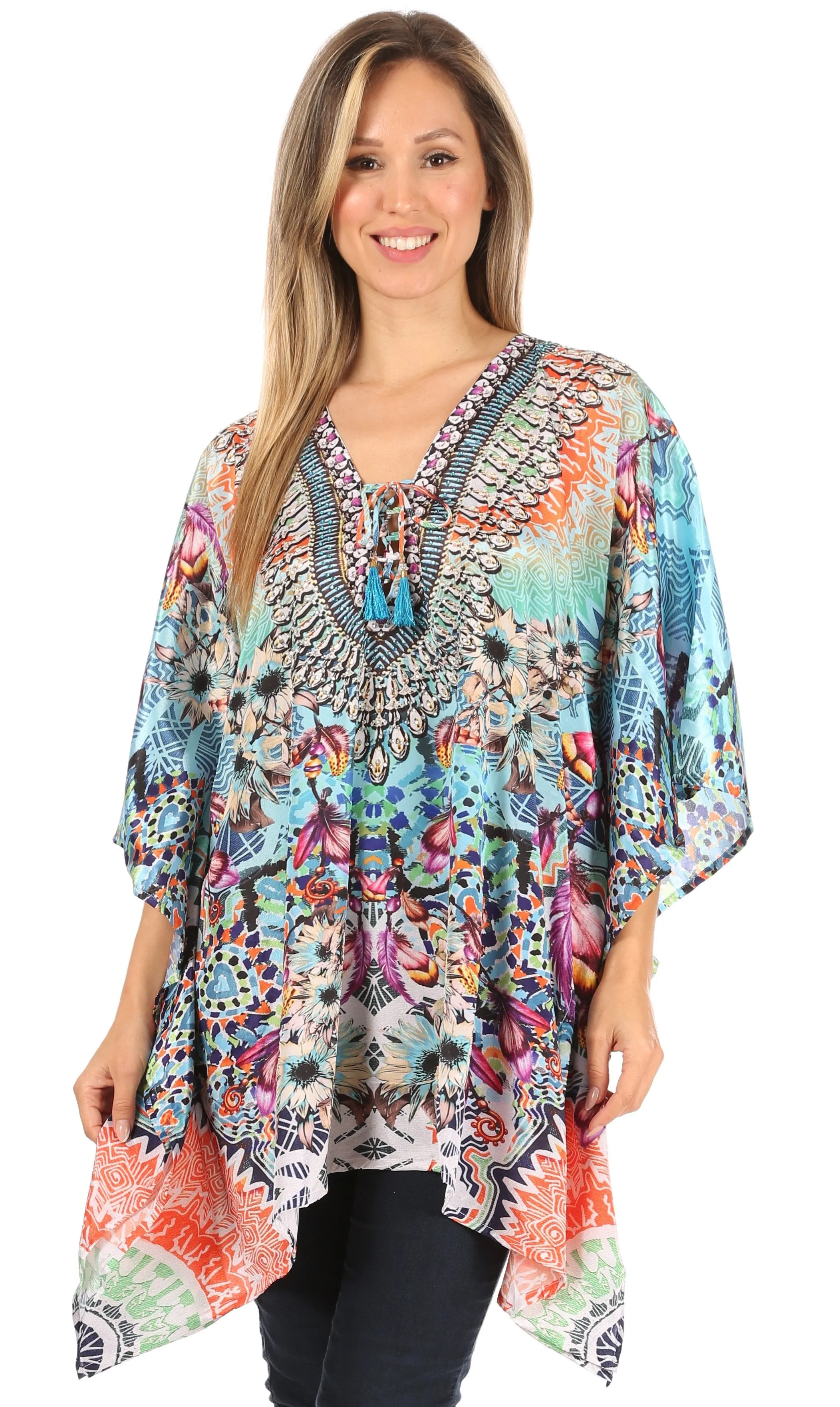 Stylish Rhinestone Lace-Up V-Neck Women's Caftan Poncho Cover-Up by Sakkas Aymee