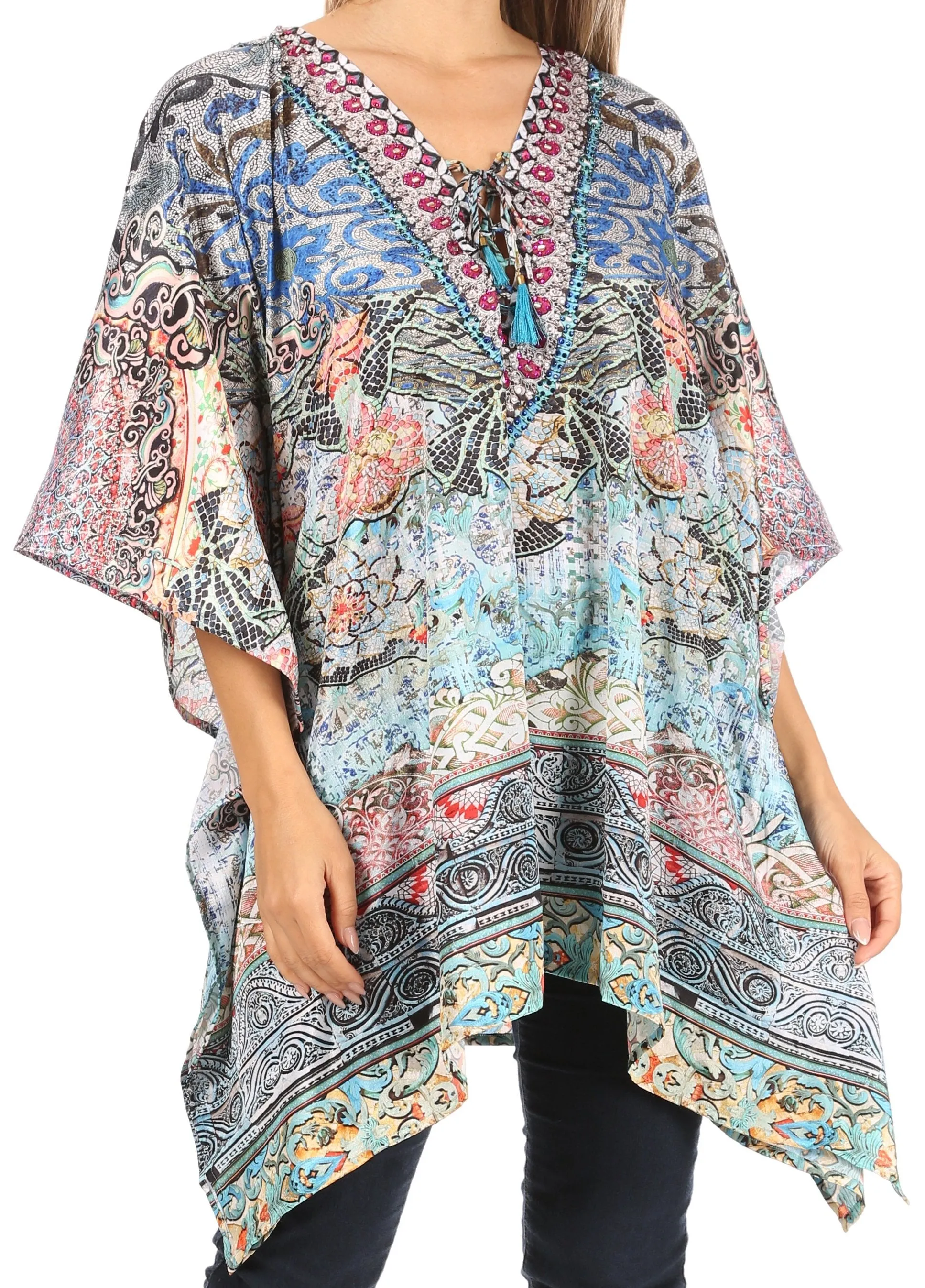 Stylish Rhinestone Lace-Up V-Neck Women's Caftan Poncho Cover-Up by Sakkas Aymee