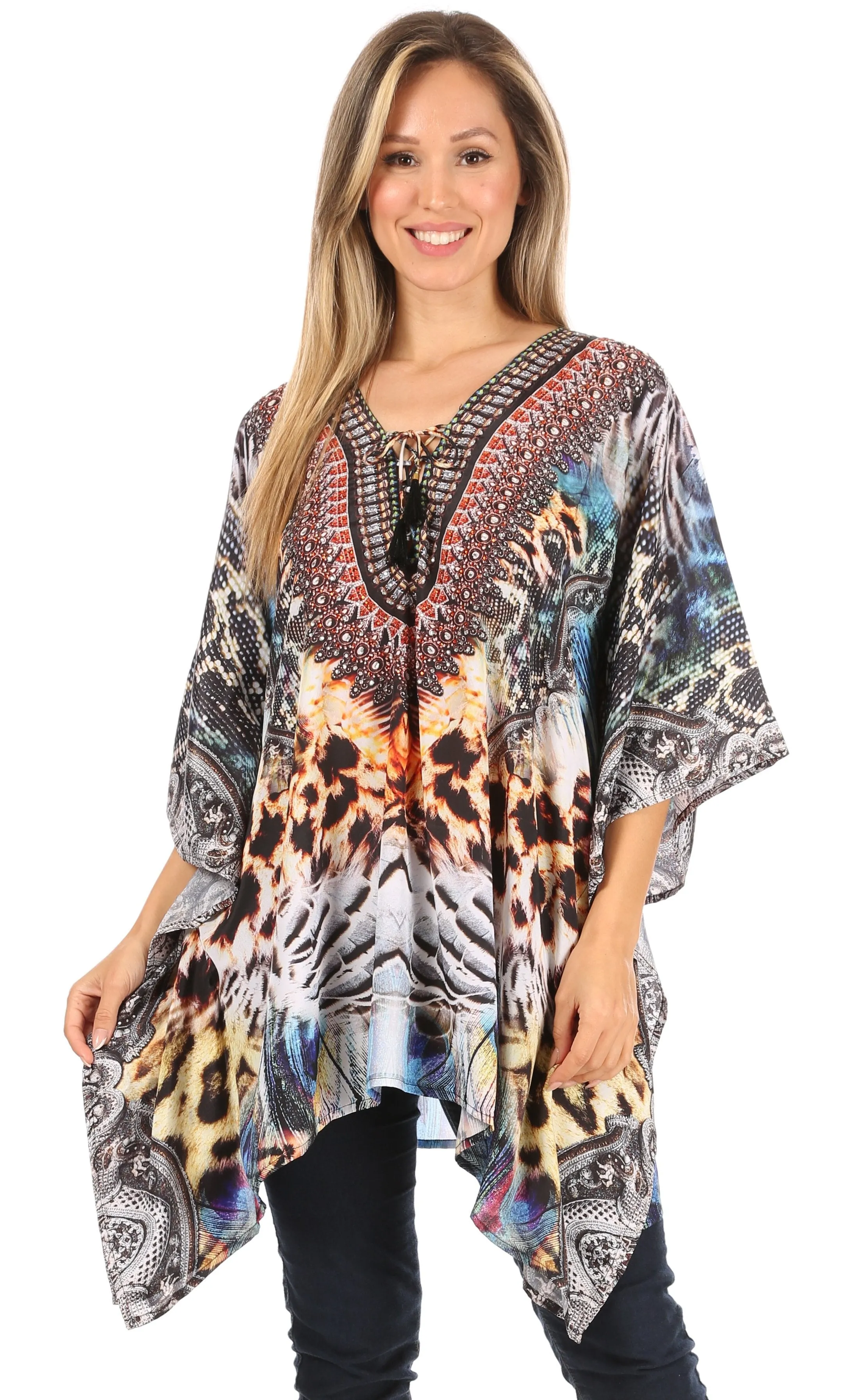 Stylish Rhinestone Lace-Up V-Neck Women's Caftan Poncho Cover-Up by Sakkas Aymee