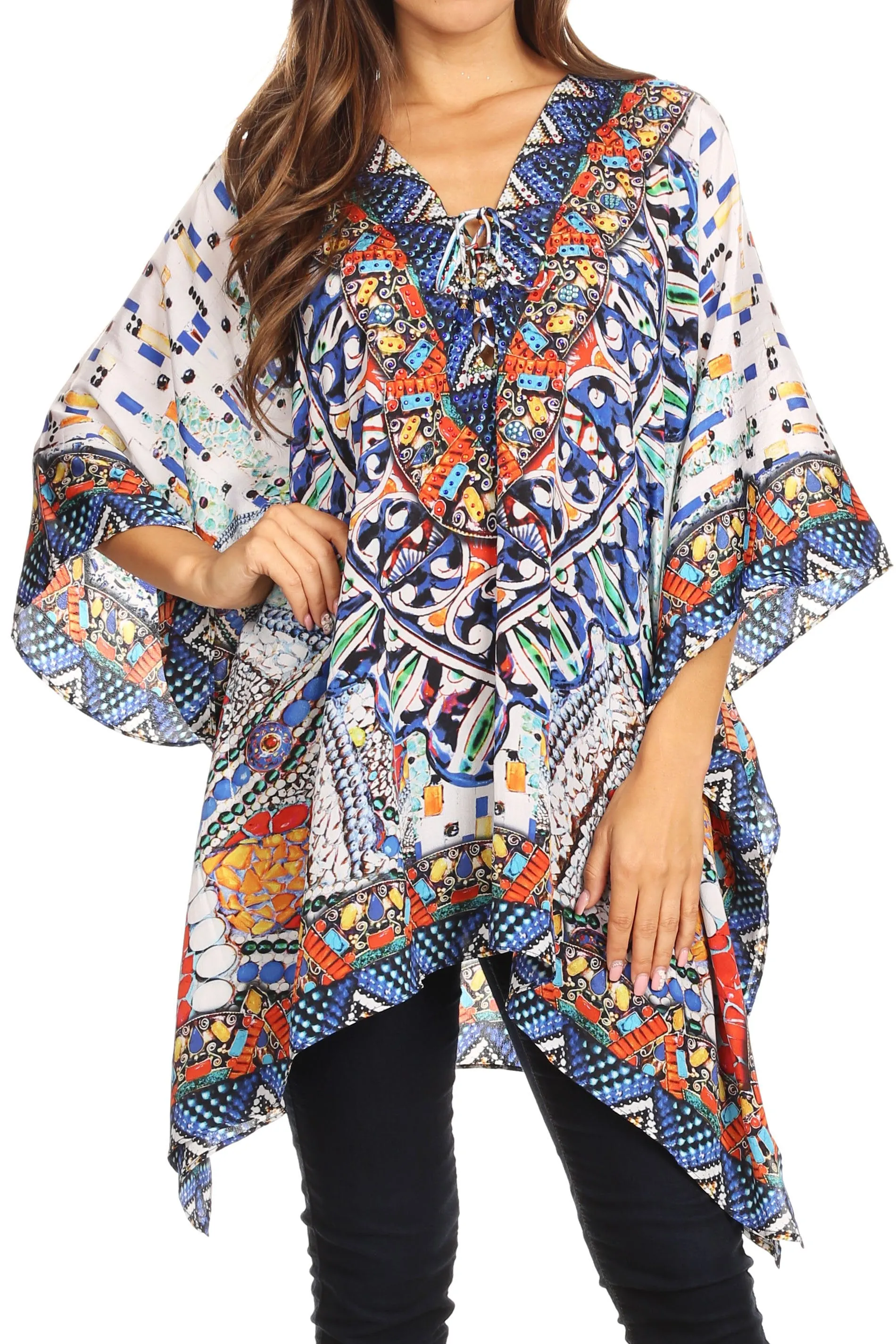 Stylish Rhinestone Lace-Up V-Neck Women's Caftan Poncho Cover-Up by Sakkas Aymee