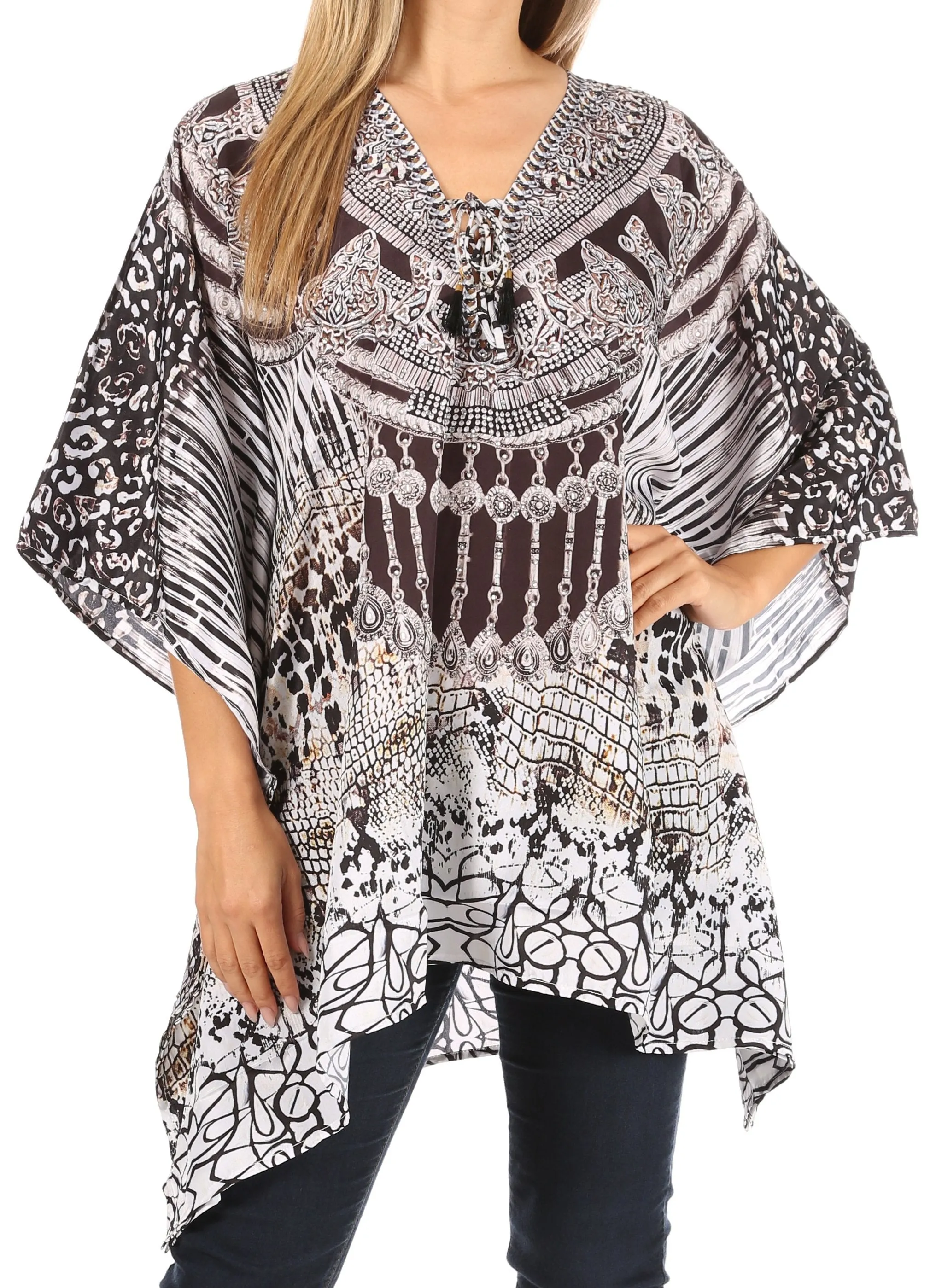 Stylish Rhinestone Lace-Up V-Neck Women's Caftan Poncho Cover-Up by Sakkas Aymee