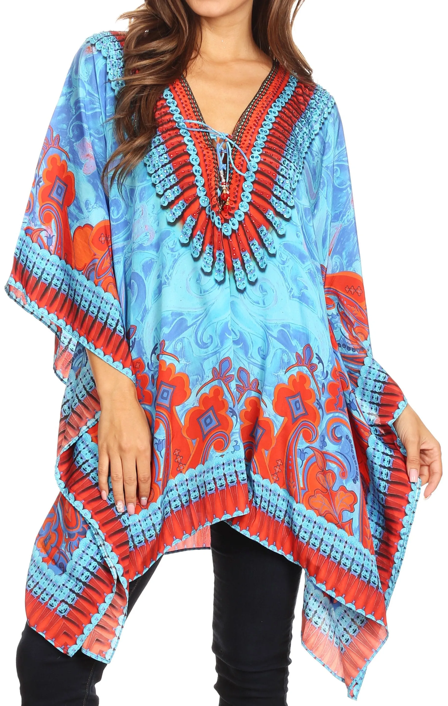 Stylish Rhinestone Lace-Up V-Neck Women's Caftan Poncho Cover-Up by Sakkas Aymee