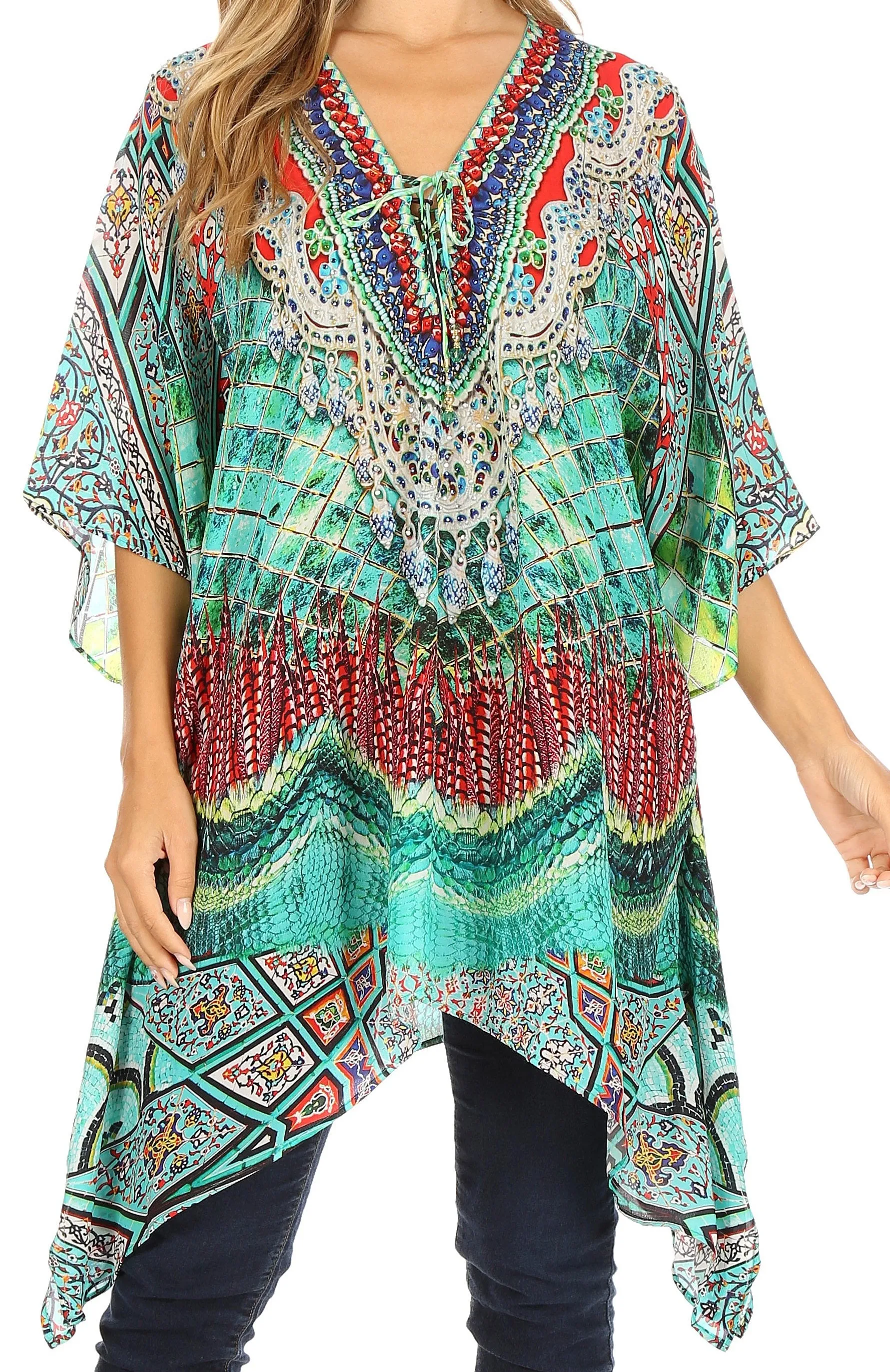 Stylish Rhinestone Lace-Up V-Neck Women's Caftan Poncho Cover-Up by Sakkas Aymee