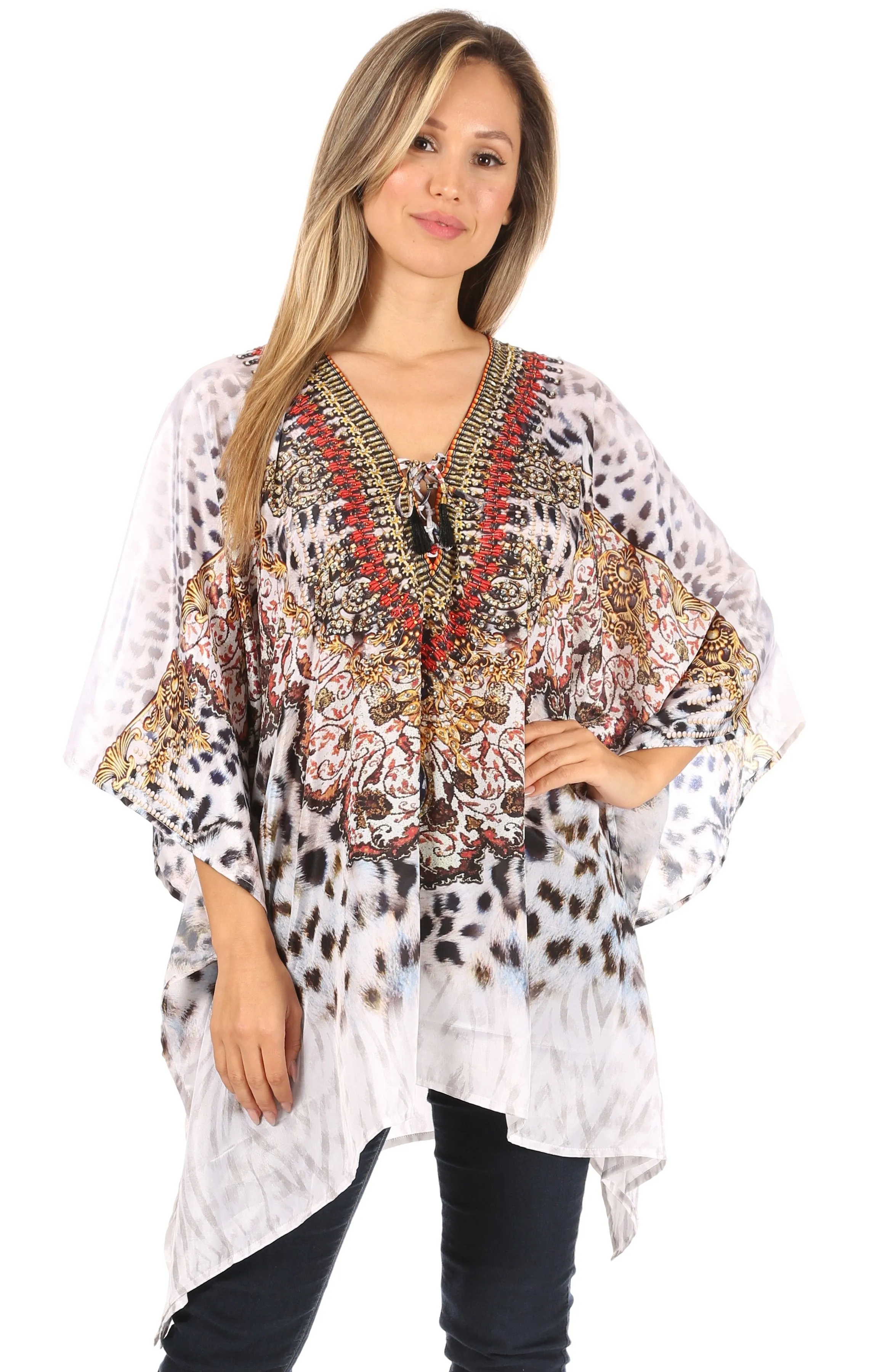 Stylish Rhinestone Lace-Up V-Neck Women's Caftan Poncho Cover-Up by Sakkas Aymee