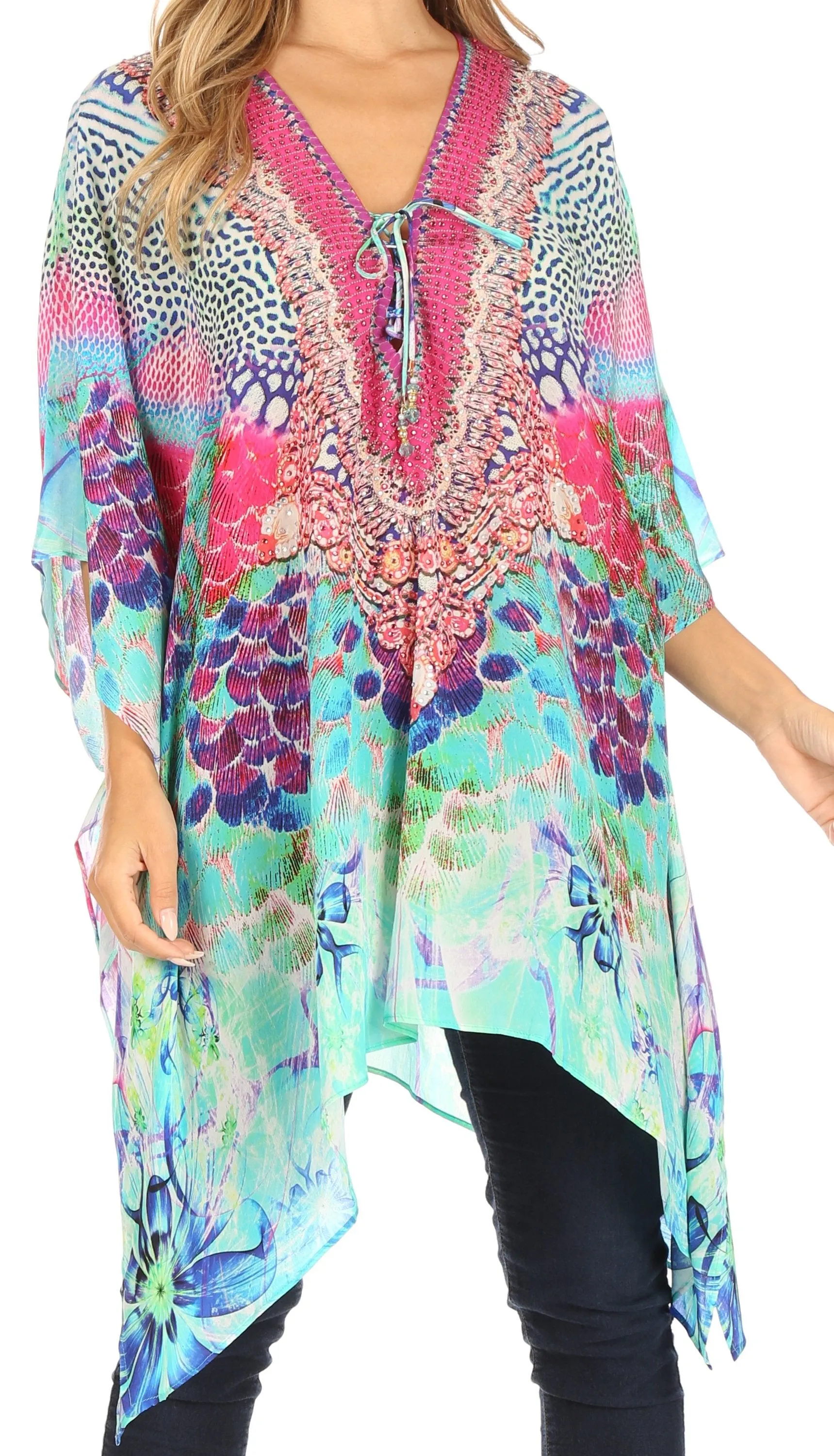 Stylish Rhinestone Lace-Up V-Neck Women's Caftan Poncho Cover-Up by Sakkas Aymee