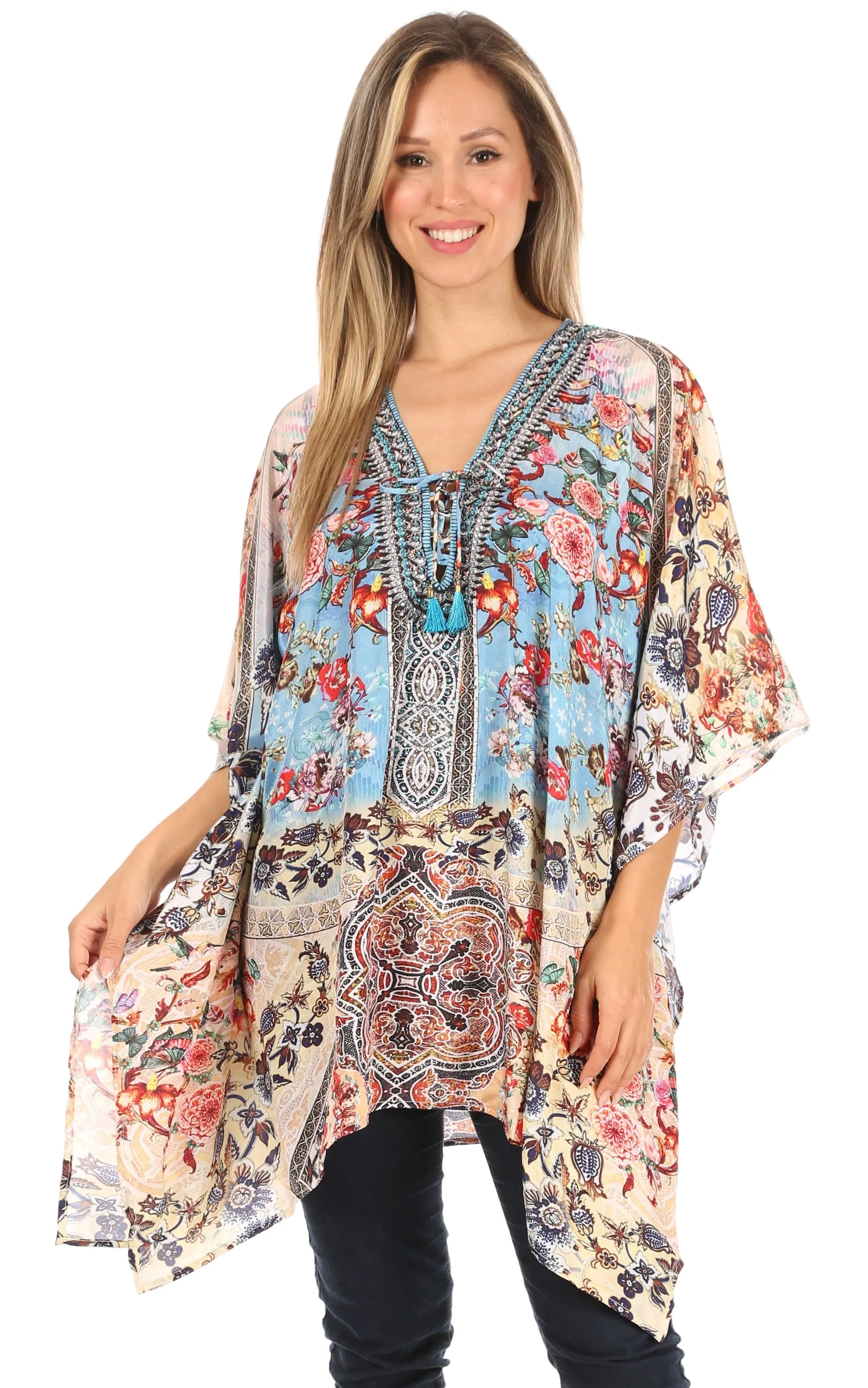 Stylish Rhinestone Lace-Up V-Neck Women's Caftan Poncho Cover-Up by Sakkas Aymee