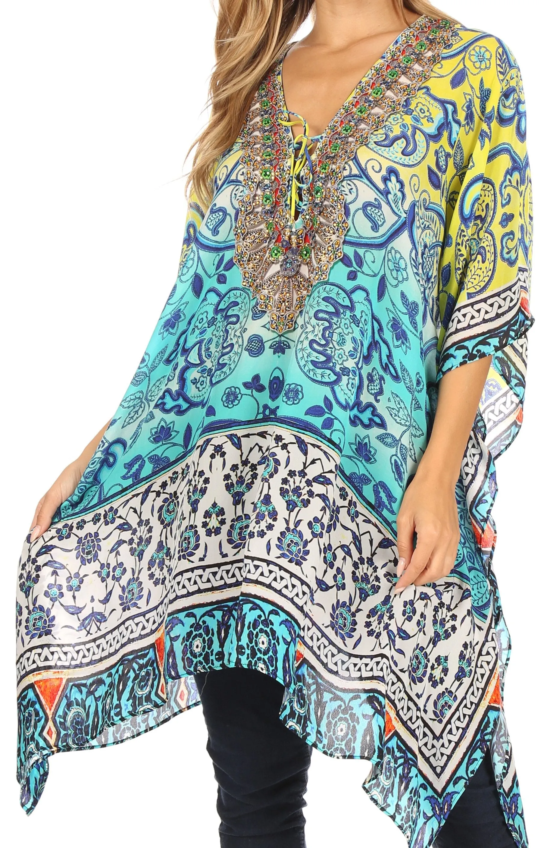 Stylish Rhinestone Lace-Up V-Neck Women's Caftan Poncho Cover-Up by Sakkas Aymee