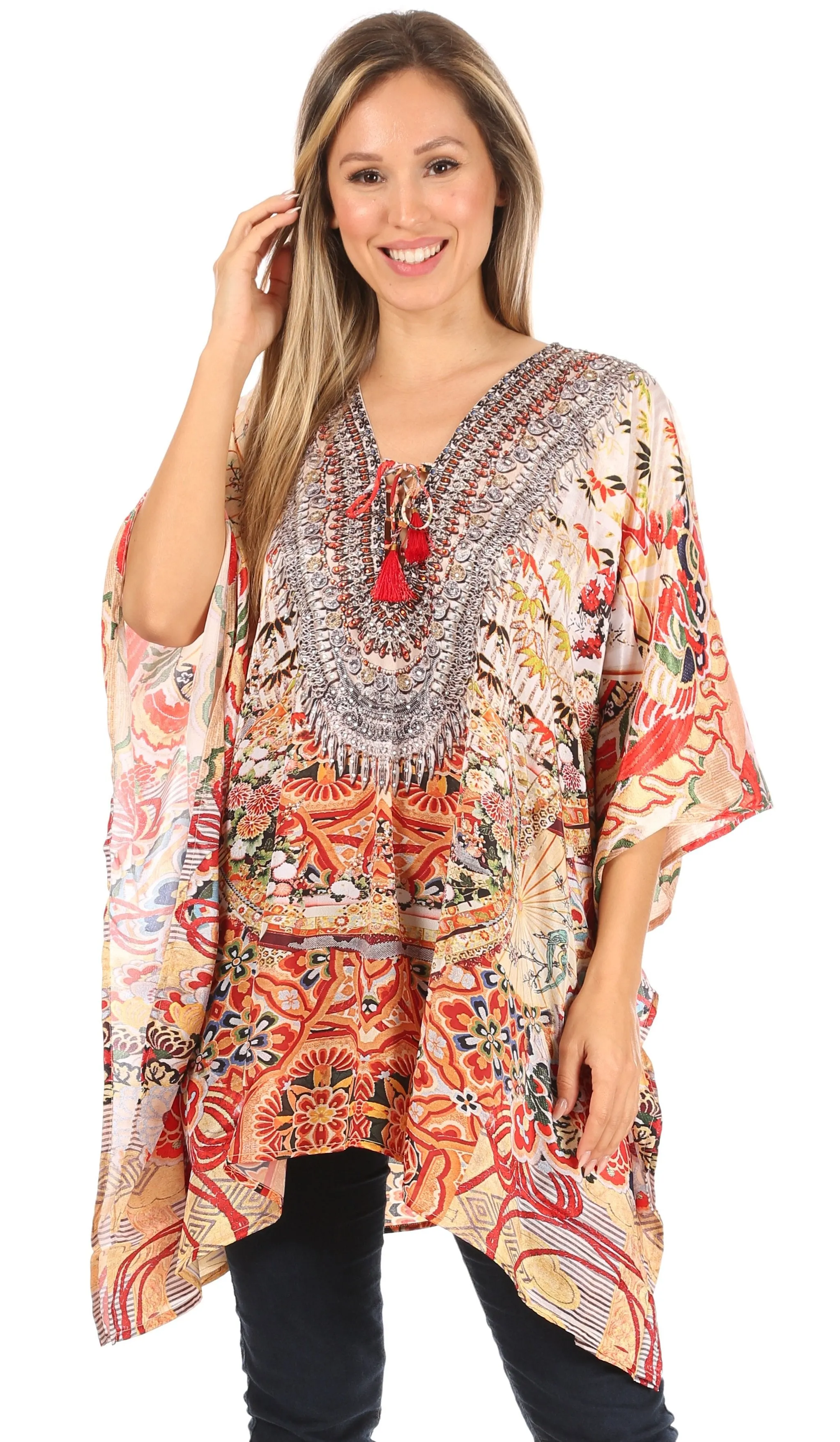 Stylish Rhinestone Lace-Up V-Neck Women's Caftan Poncho Cover-Up by Sakkas Aymee