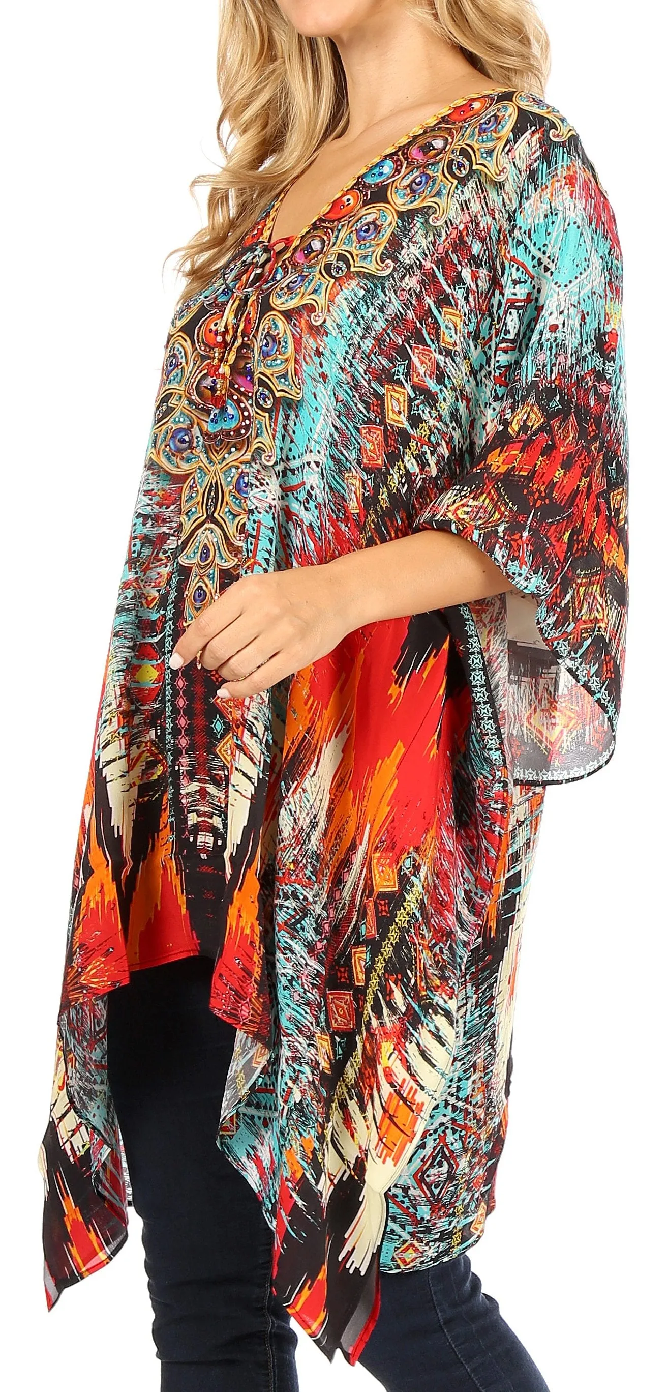 Stylish Rhinestone Lace-Up V-Neck Women's Caftan Poncho Cover-Up by Sakkas Aymee