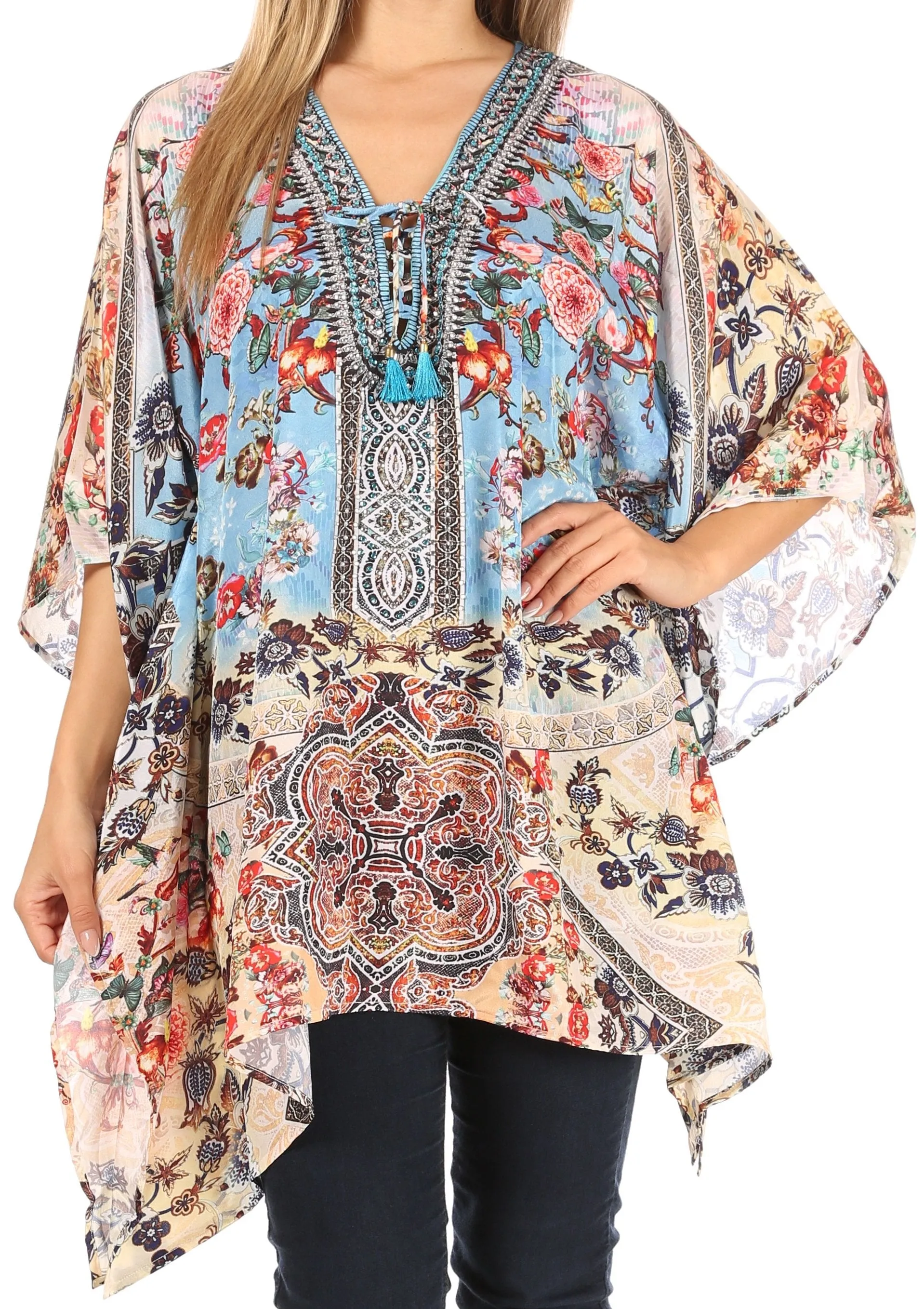 Stylish Rhinestone Lace-Up V-Neck Women's Caftan Poncho Cover-Up by Sakkas Aymee