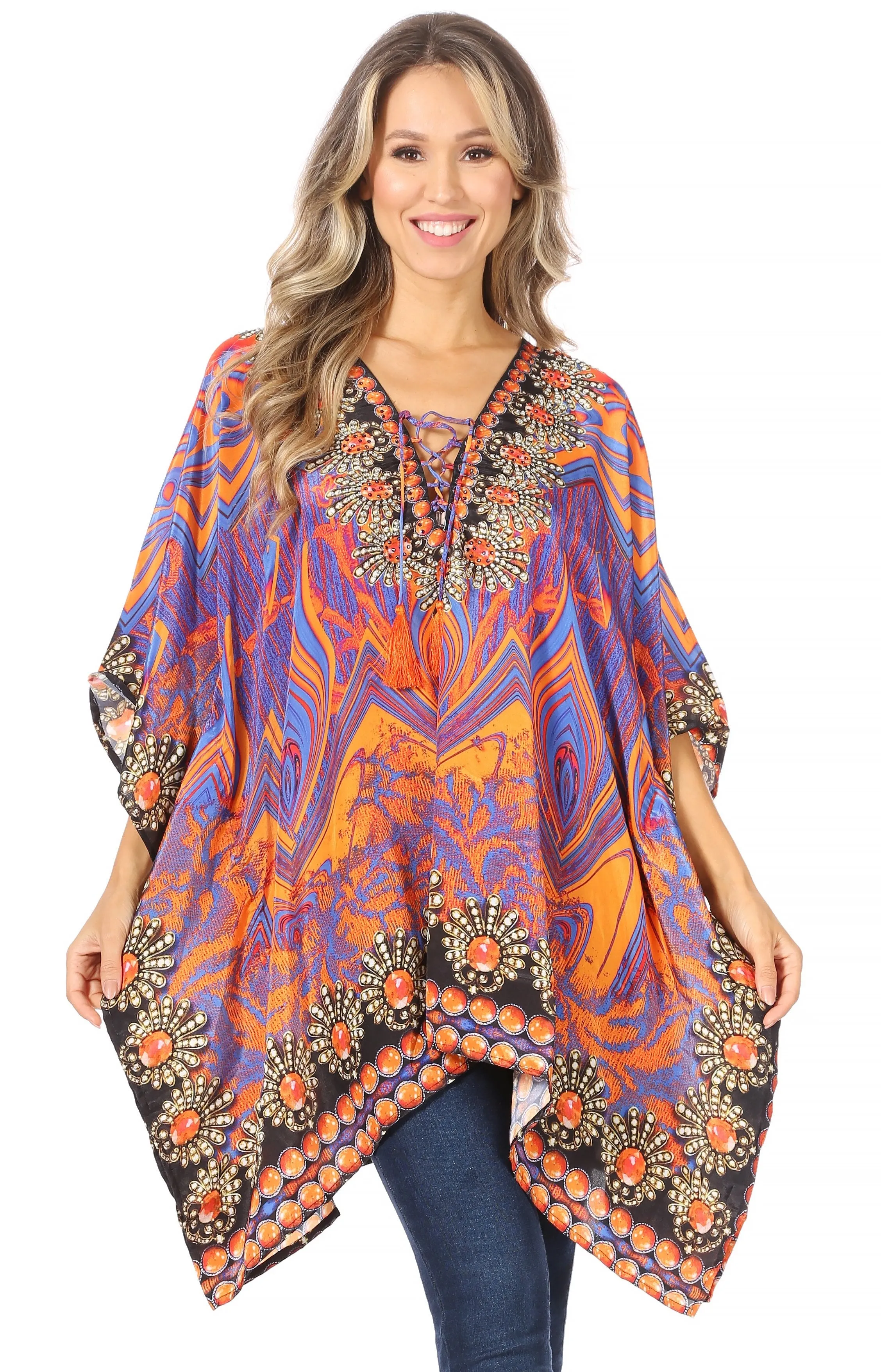 Stylish Rhinestone Lace-Up V-Neck Women's Caftan Poncho Cover-Up by Sakkas Aymee