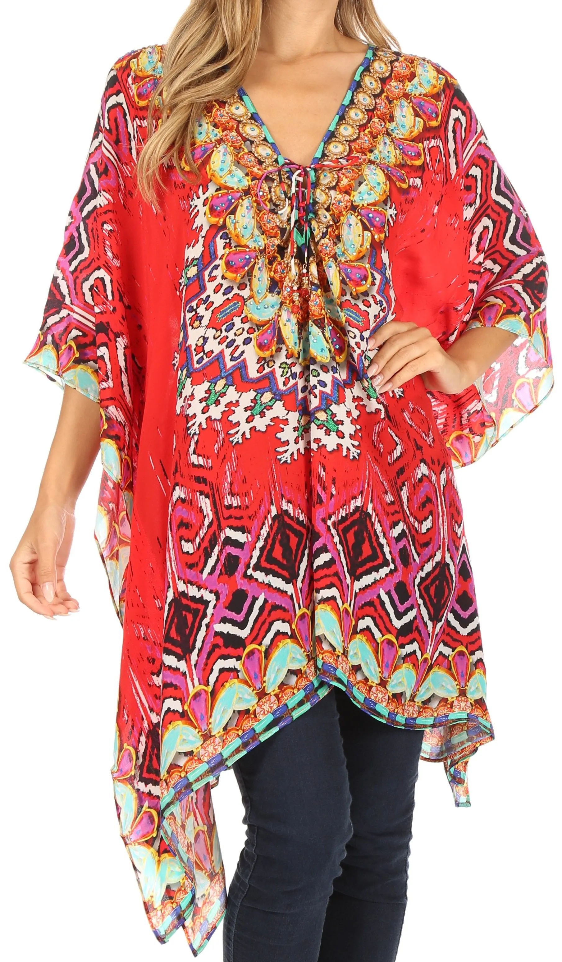 Stylish Rhinestone Lace-Up V-Neck Women's Caftan Poncho Cover-Up by Sakkas Aymee