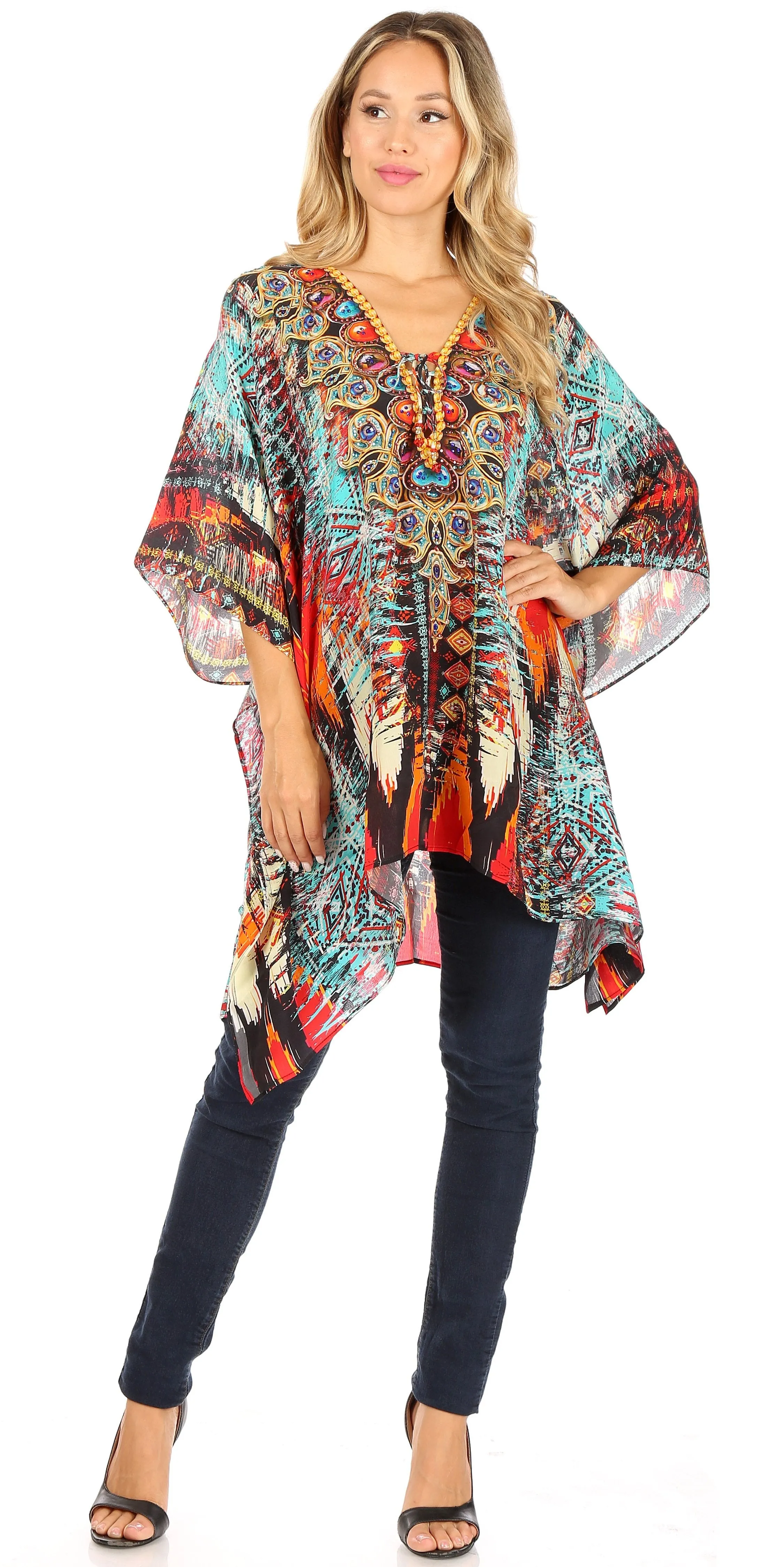 Stylish Rhinestone Lace-Up V-Neck Women's Caftan Poncho Cover-Up by Sakkas Aymee