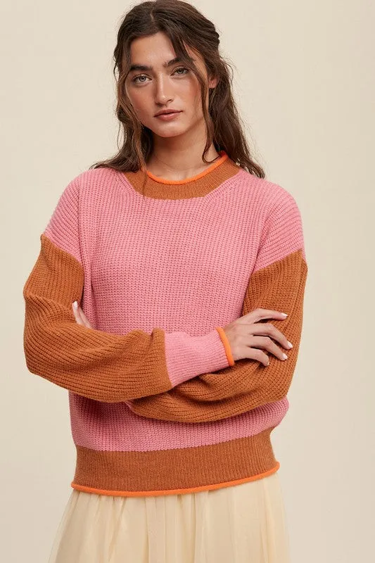 TEEK - Pink Color Block Ribbed Knit Sweater