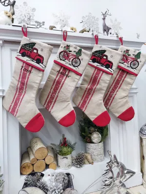 Vintage Truck & Bicycle Christmas Stockings | Red Green Rustic Nostalgic Decor Farmhouse Country Style Personalized Embroidery Name