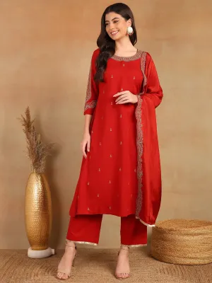 Women Red Silk Blend Solid Embroidered A-Line Kurta Trouser With Dupatta