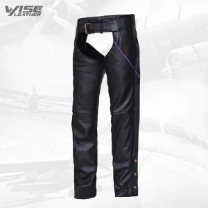 Women's Premium Leather Black with Purple Stripe Motorcycle Chaps